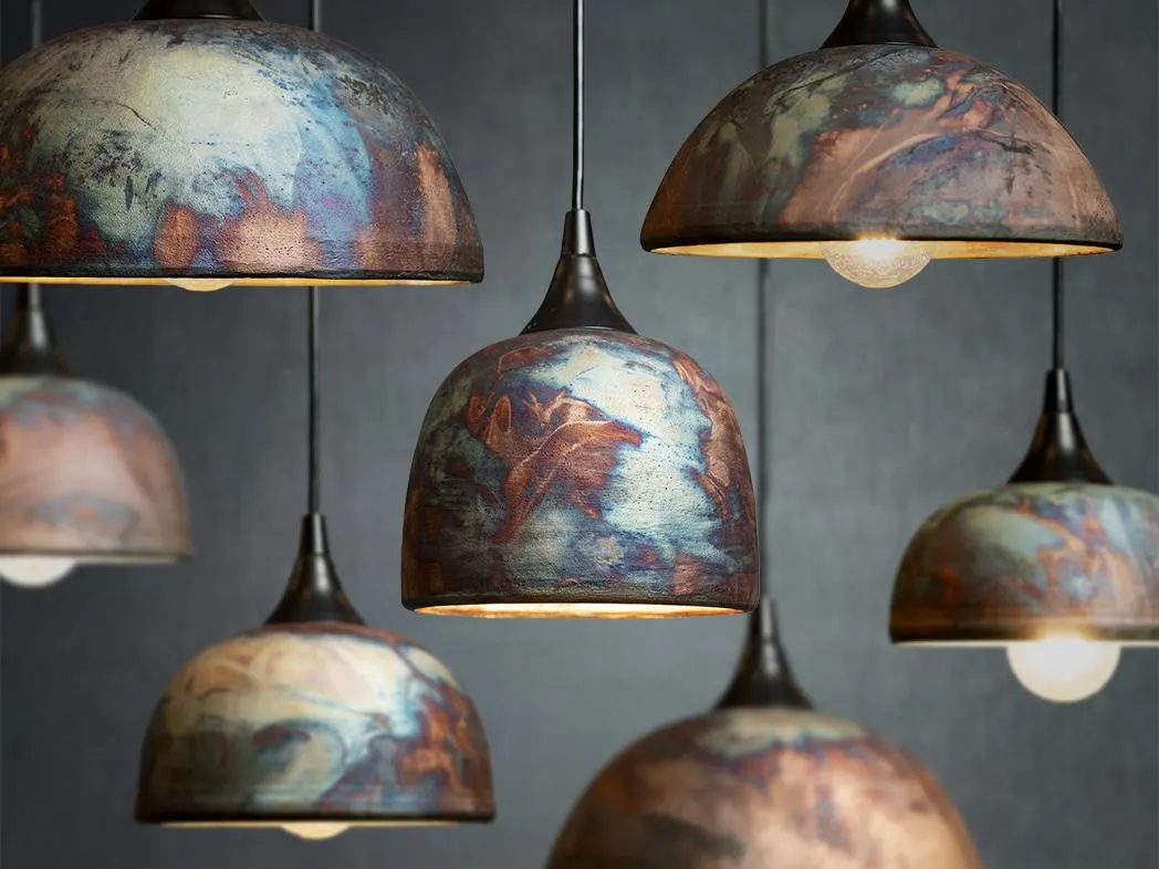 Raku Ceramic Pendant Light – Custom Copper Blue Green Pottery Lamp | Handmade Dome Lighting