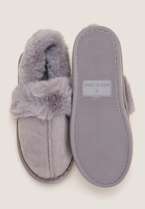 Womens Grey Fluffy Closed Back Slippers