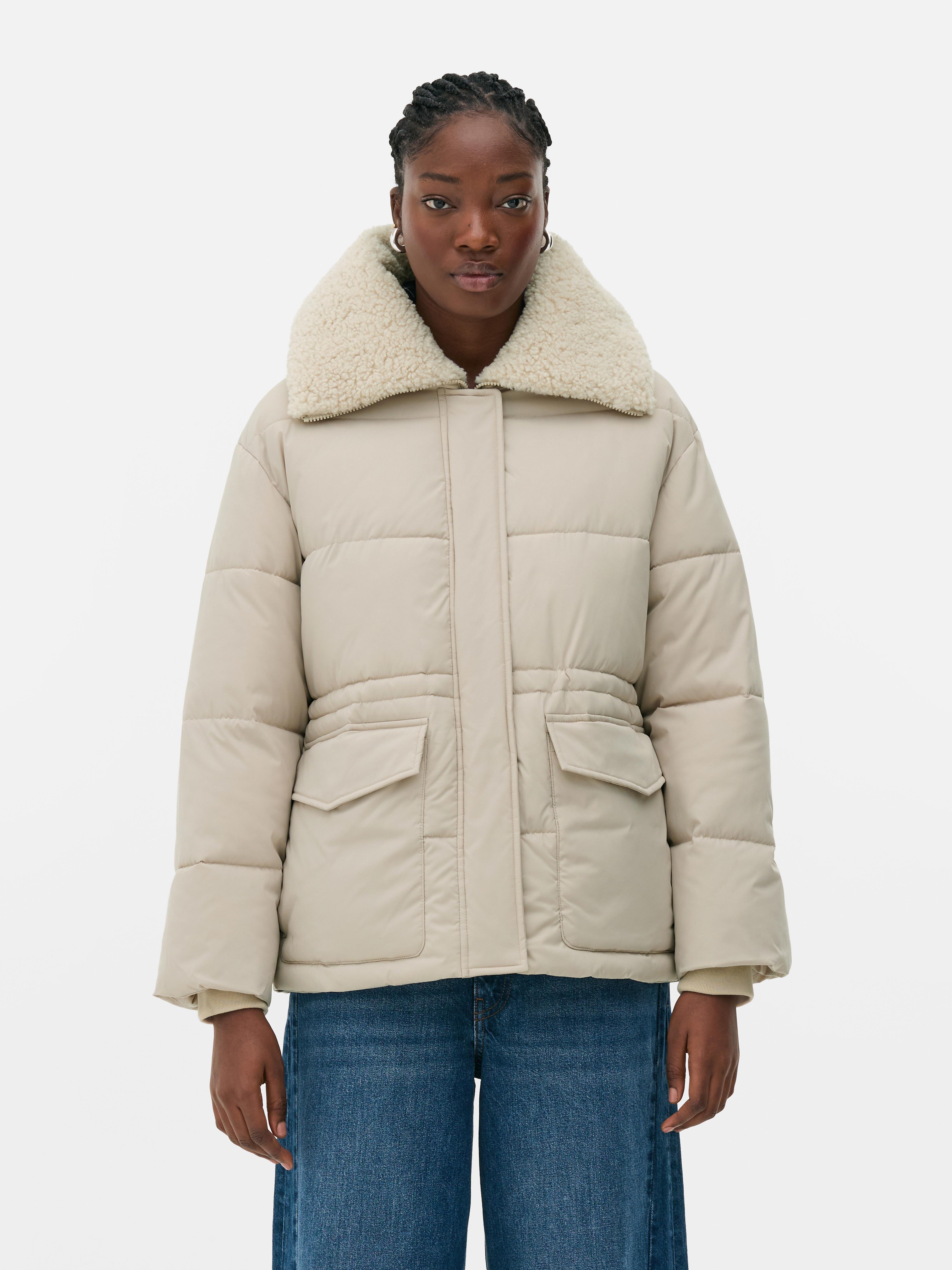 Cinched Waist Borg Collar Coat