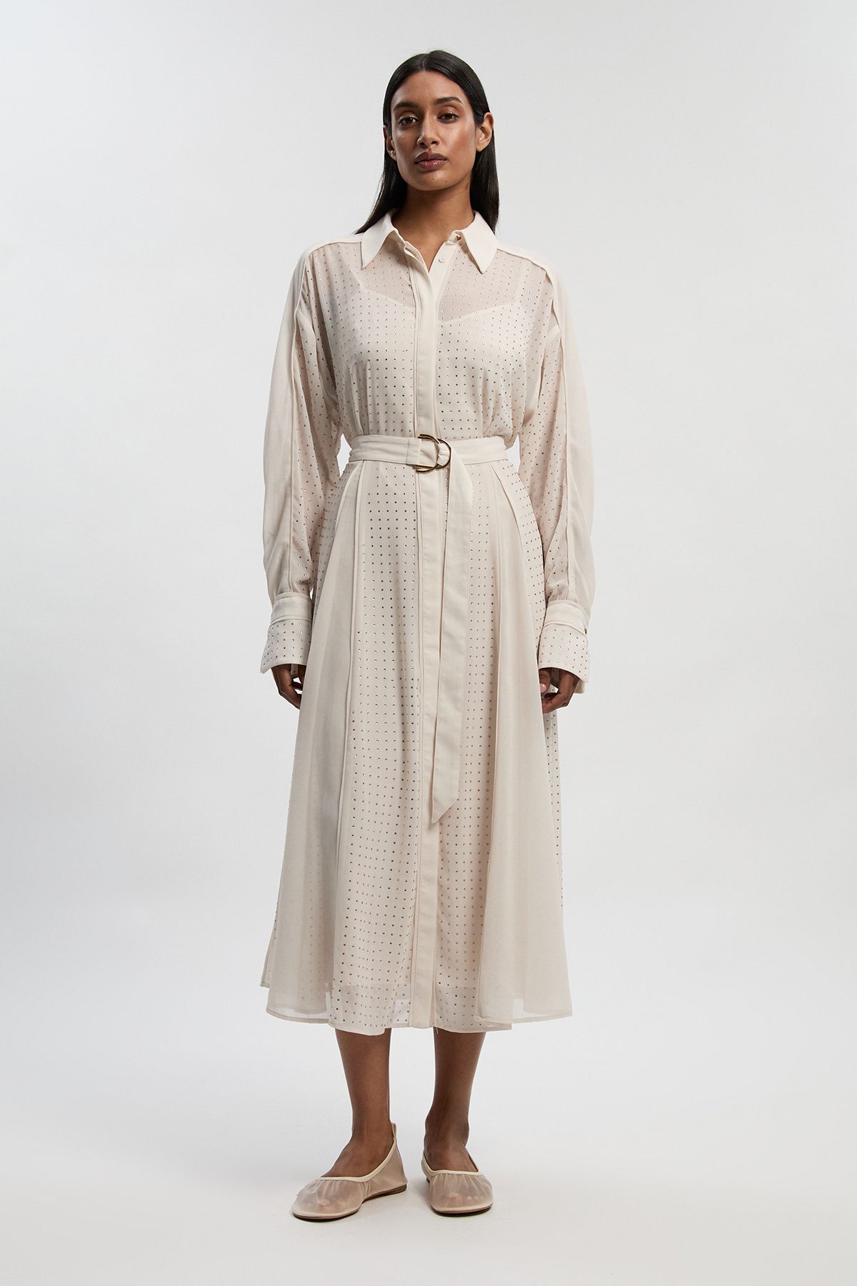 KarenMillen Petite Hotfix Studded Long Sleeve Shirt Woven Maxi Dress