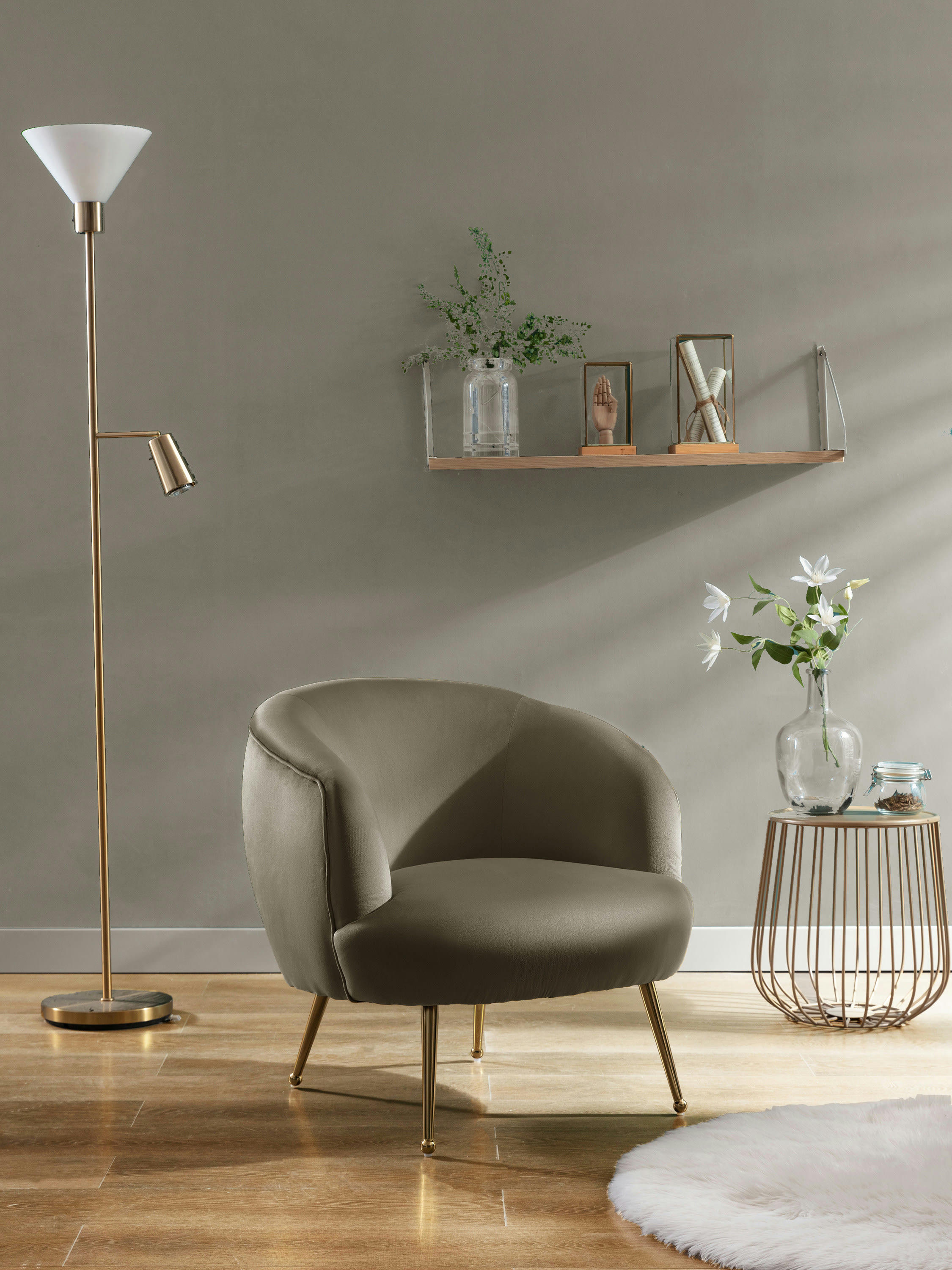 - Fauteuil lounge Taupe et pieds métal dorés