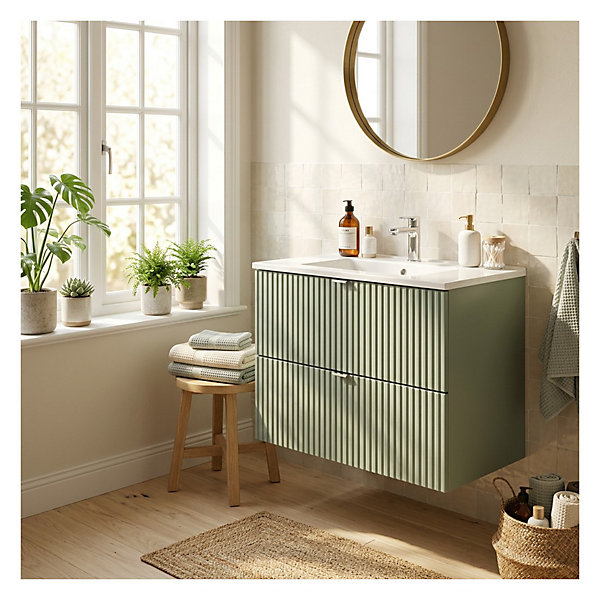 Ensemble de salle de bain suspendu ELVINA 80cm : meuble sous vasque à tiroirs vert sauge gris et vasque encastrée blanche
