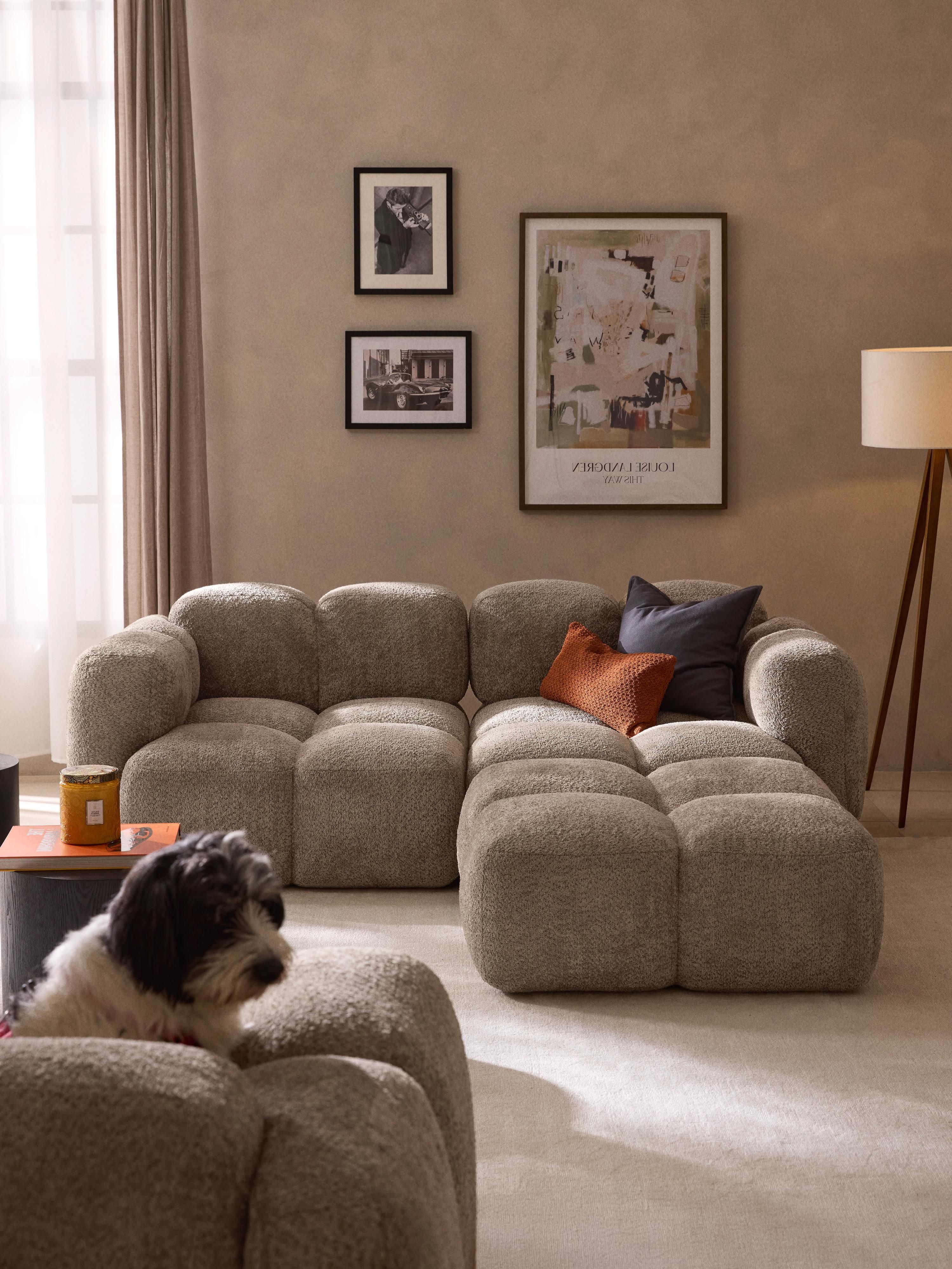 Modulares Sofa Tayla (3-Sitzer) aus Teddy-Bouclé mit Hocker (links/rechts)