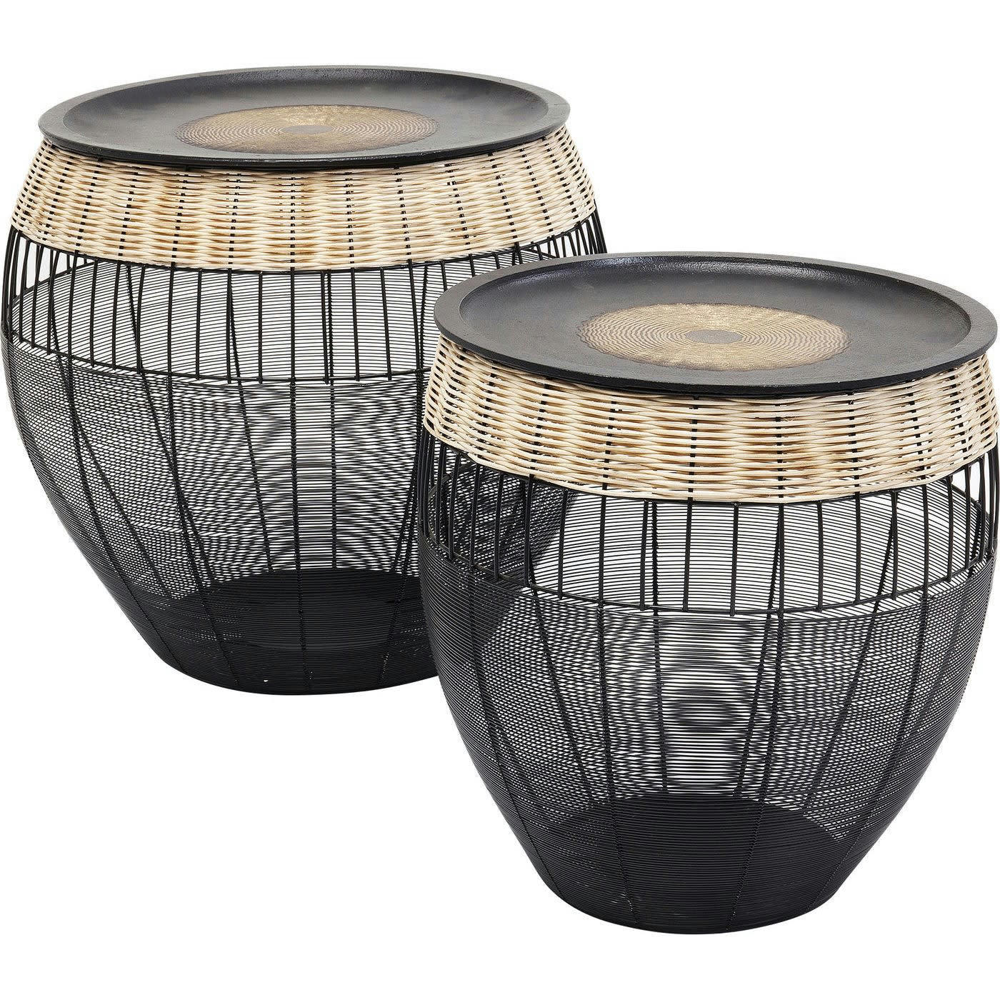 AFRICAN DRUMS - 2 tables d'appoint en acier et rotin