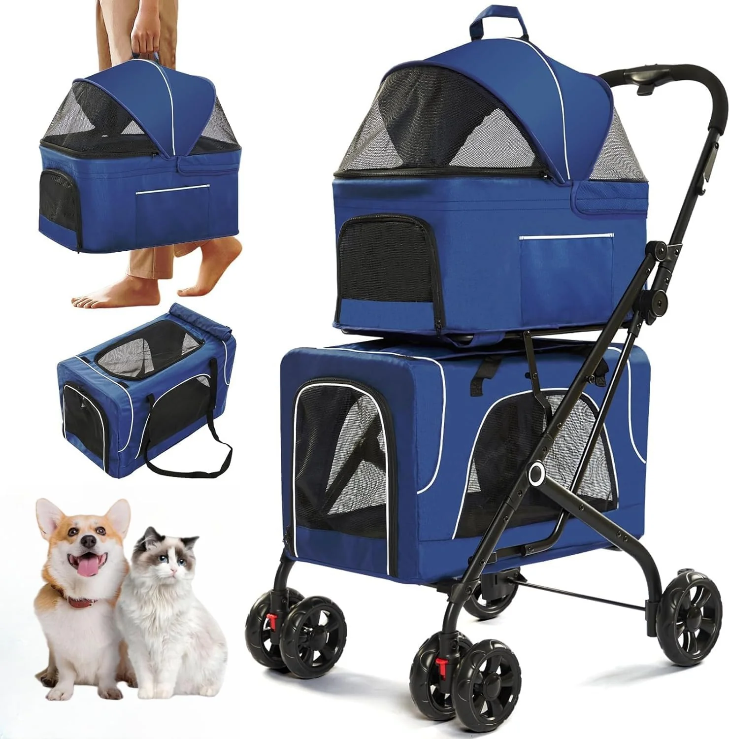 Double Dog Stroller with Detachable Carriers, Foldable Pet Cart for Small  Medium Pets (Blue)(Blue)