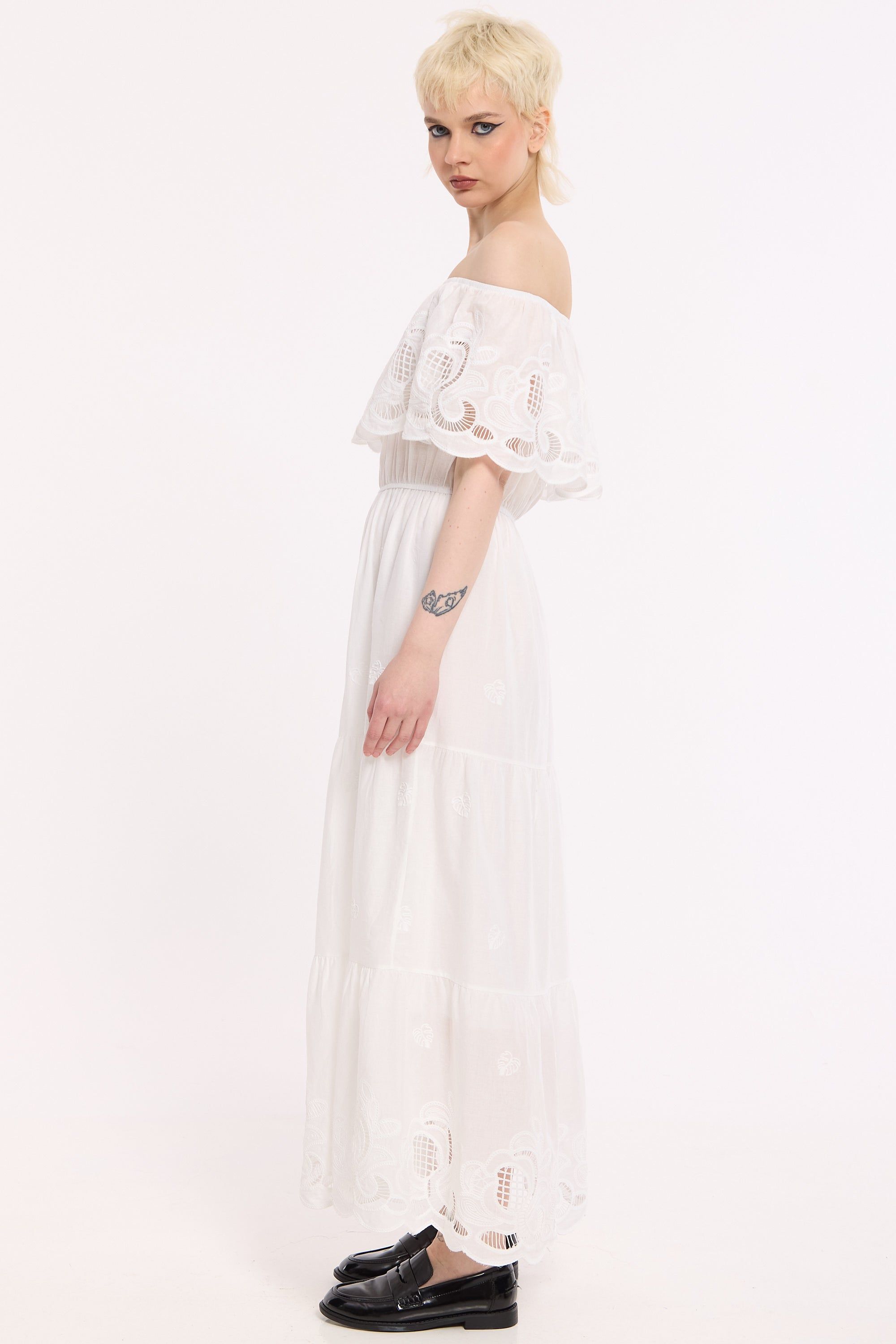 House of Holland White Off Shoulder Broderie Maxi Dress
