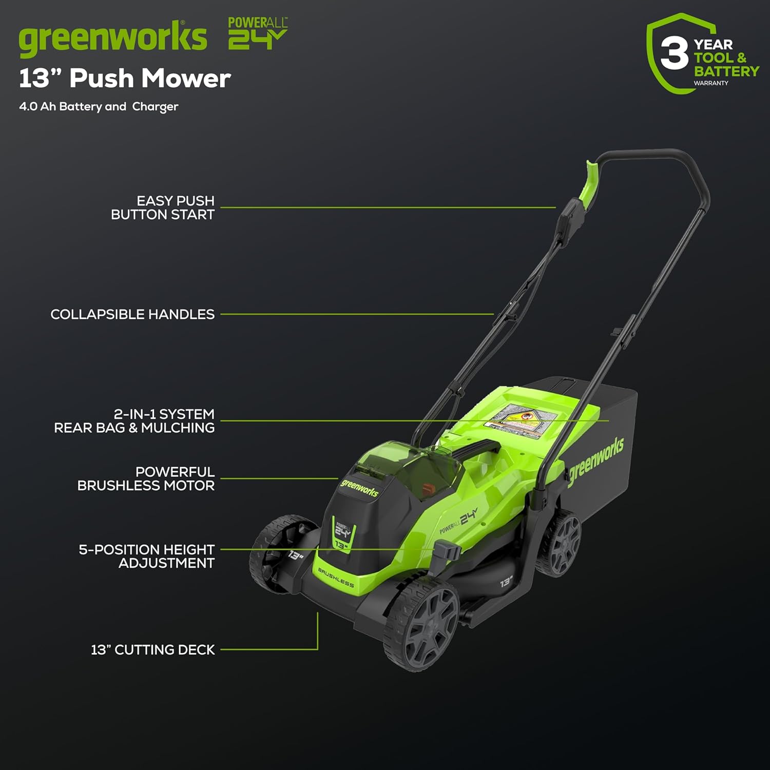Greenworks 24V 13“ Brushless Cordless Lawn Mower with 4.0Ah Battery & Charger Maintenance-Free Push Mower with 2-in-1 Mulch/Bag
