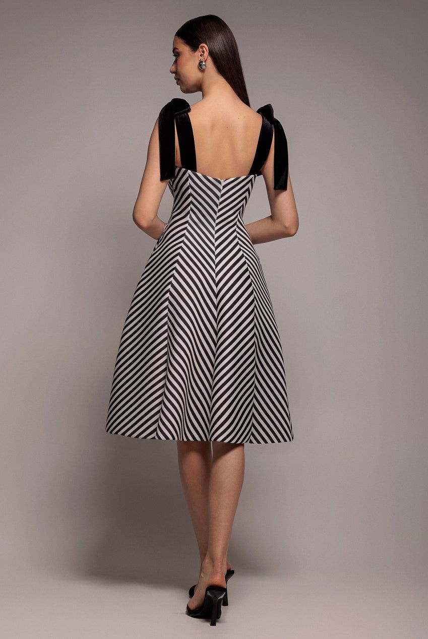 Goddiva Diagonal Stripe Velvet Bow A Line Midi Dress