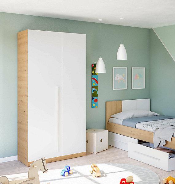Garde-robe 2 portes Alpine, armoire de chambre, meuble avec 3 étagères et tringle à vêtements, 90x52h200 cm, chêne noueux et blanc