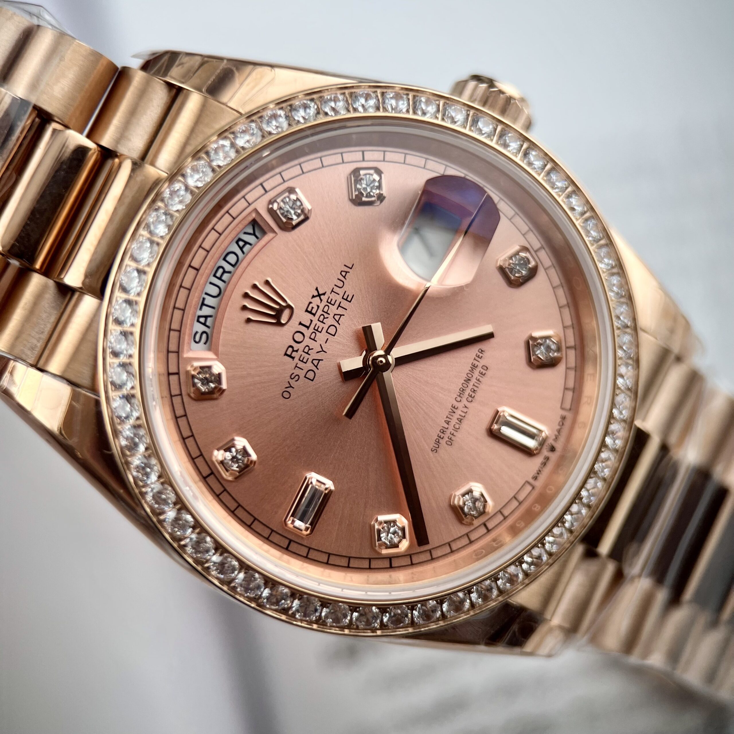 Rolex Day-Date RG Plated Pink Dial CZ Diamonds 36mm EWF Replica