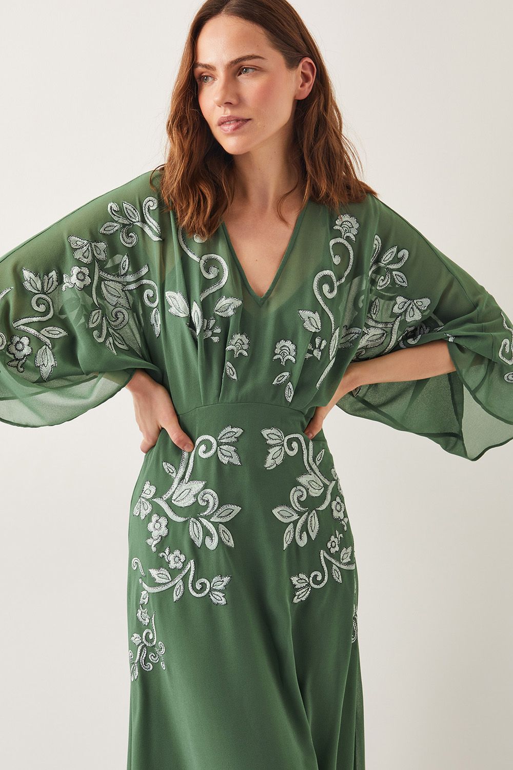 Monsoon Hannah Embroidered Tea Dress Green