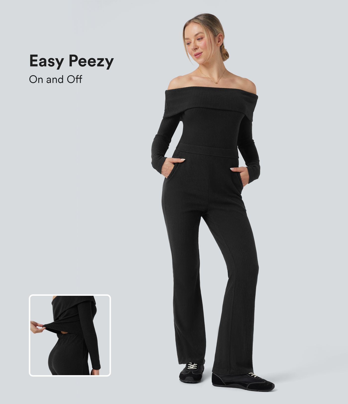 Combinaison décontractée évasée maille côtelée épaules dénudées ceinture rabattable manches longues avec poches - Édition Easy Peasy