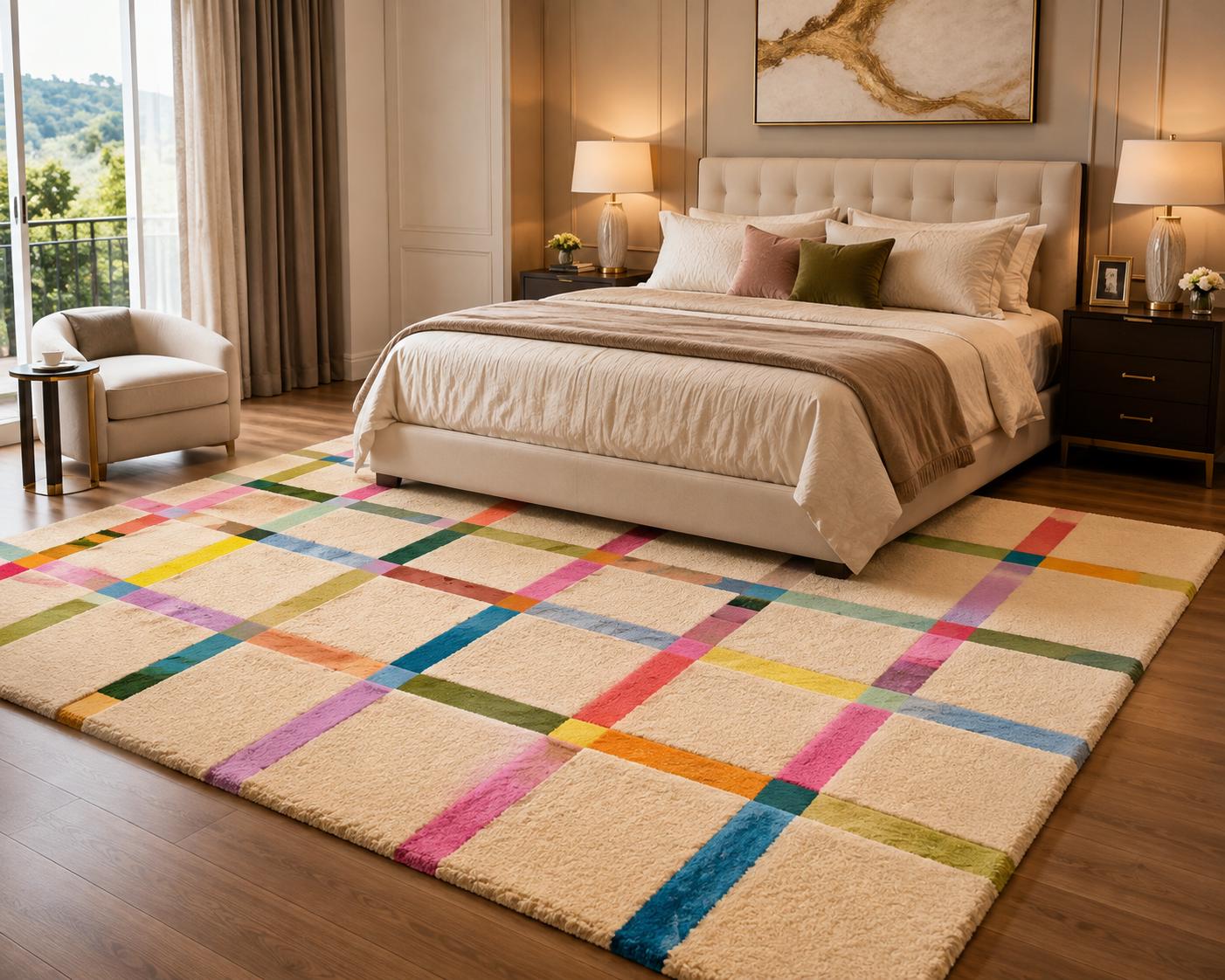Colorful Geometric Area Rug, Modern Abstract Grid, Hand Tufted Living Room Decor