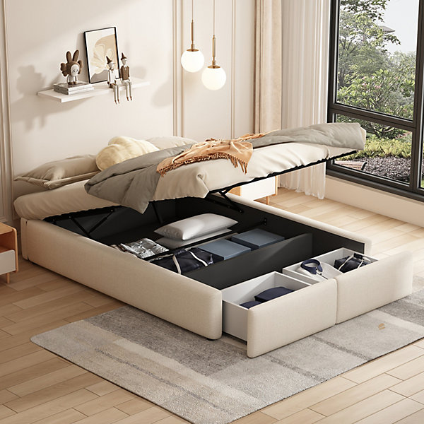 Lit rembourré coffre 140x200 cm avec 2 tiroirs, lit adulte avec sommier à lattes, sans tête de lit, tissu en lin, beige