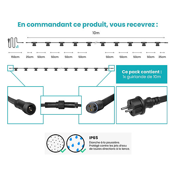 Guirlande Guinguette Noire IP65 10M 20 Douilles pour Ampoules E27