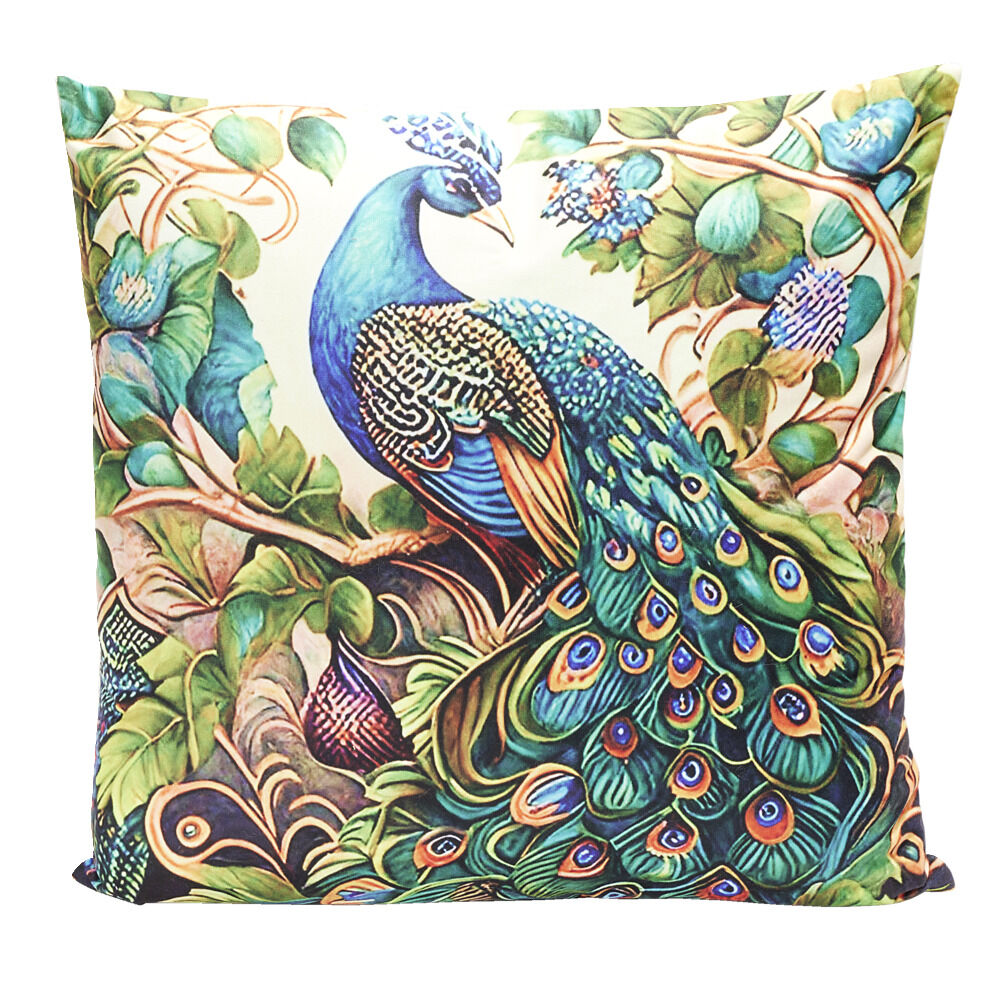 Housse de coussin velours recto à motif paon 45x45cm