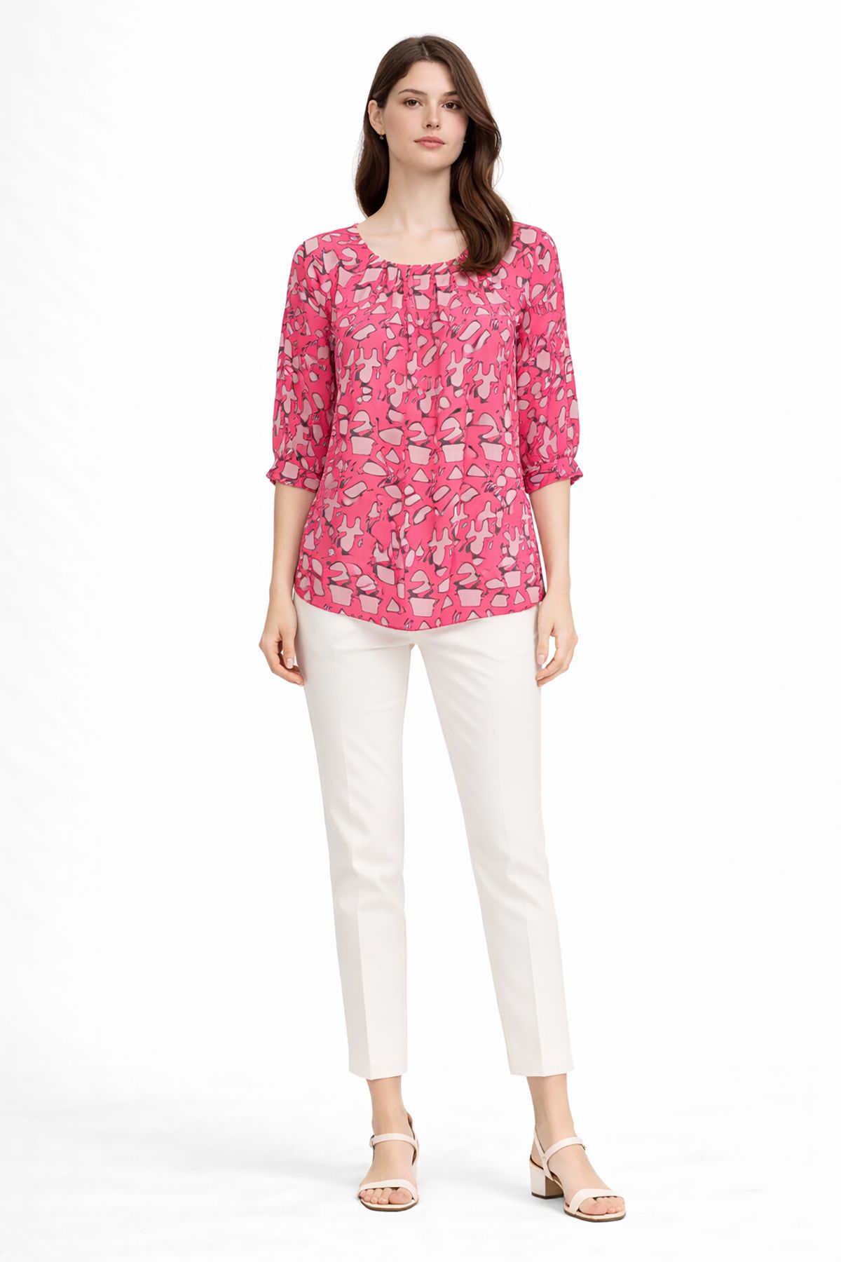 Cutie London Abstract Print 3/4 Sleeve Blouse with Notch Neck