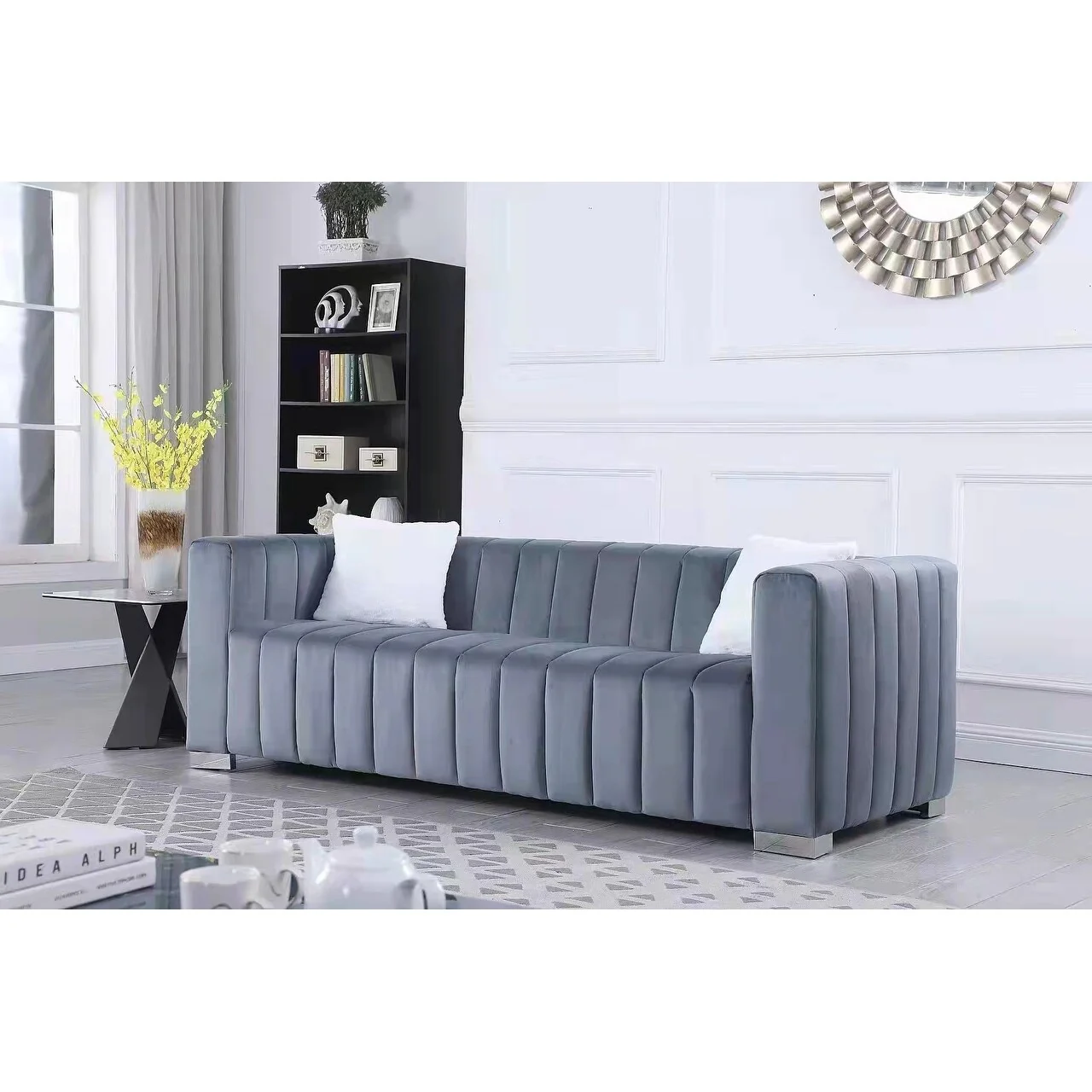 Grey Modern 85.76'' Velvet Channel 3 Seater Sofa Couch, with 2 Pillow, Plush Foam Cushions, Luxurious Upholstered Couch