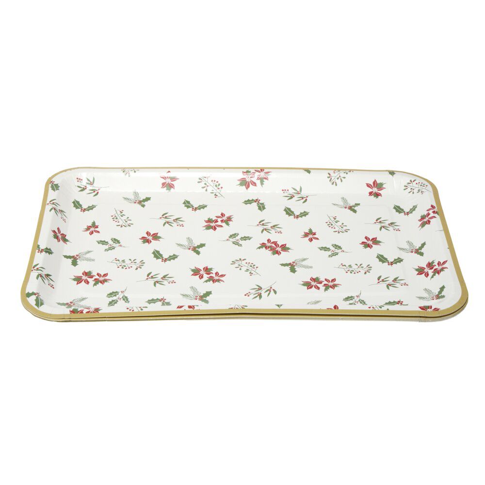 Plateau rectangulaire X8 pcs imprimé houx L30X19XH1,5 cm blanc