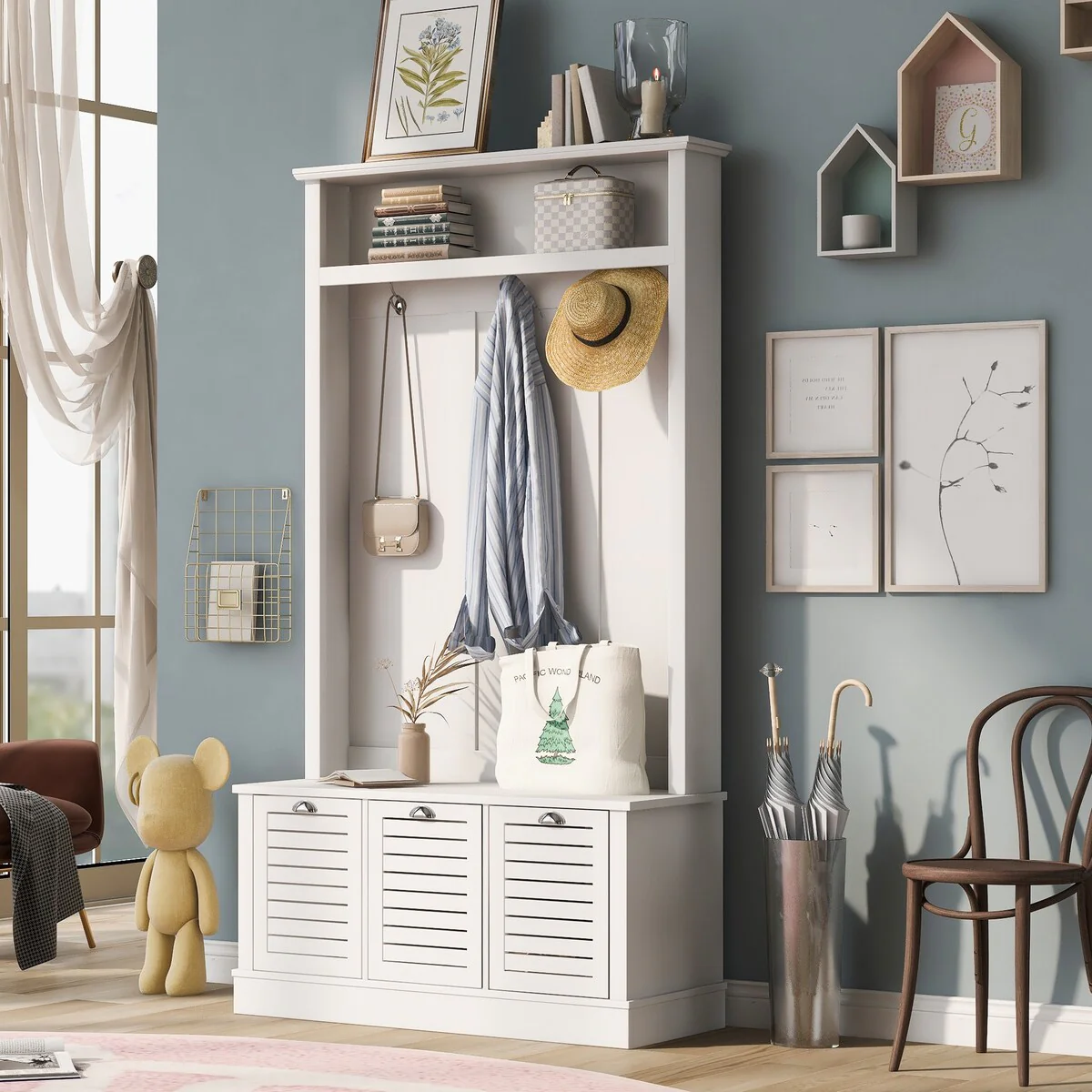 Entryway Bench 3-in-1 Design Hall Tree with 3 Hooks, Coat Hanger