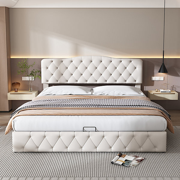 Lit Coffre 180x200 cm avec Tête Réglable et Structure Capitonnée - Lit Adulte en Cuir Synthétique PU, Blanc - Sans Matelas