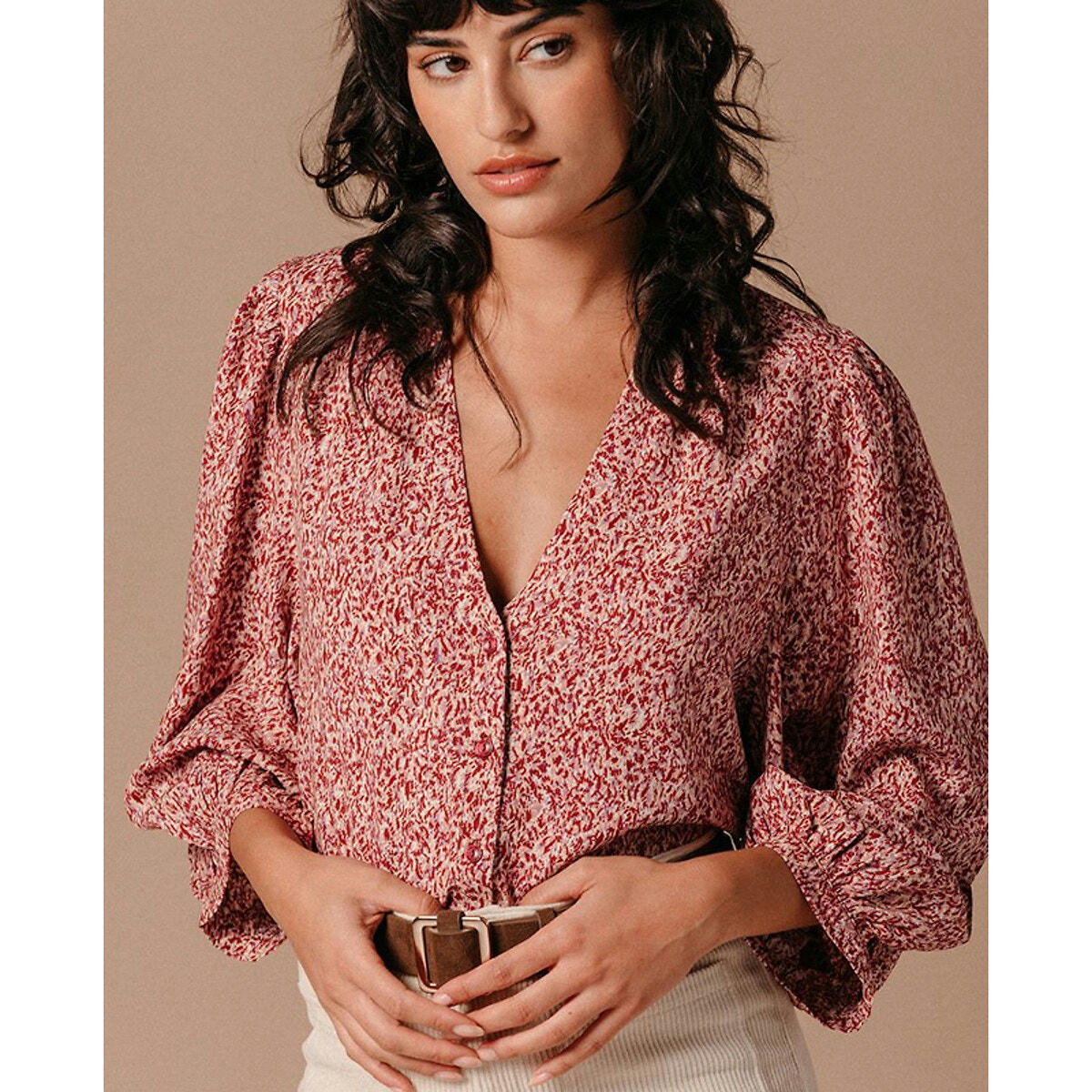 Blouse  Lavande boutonnée manche 3/4 bouffante