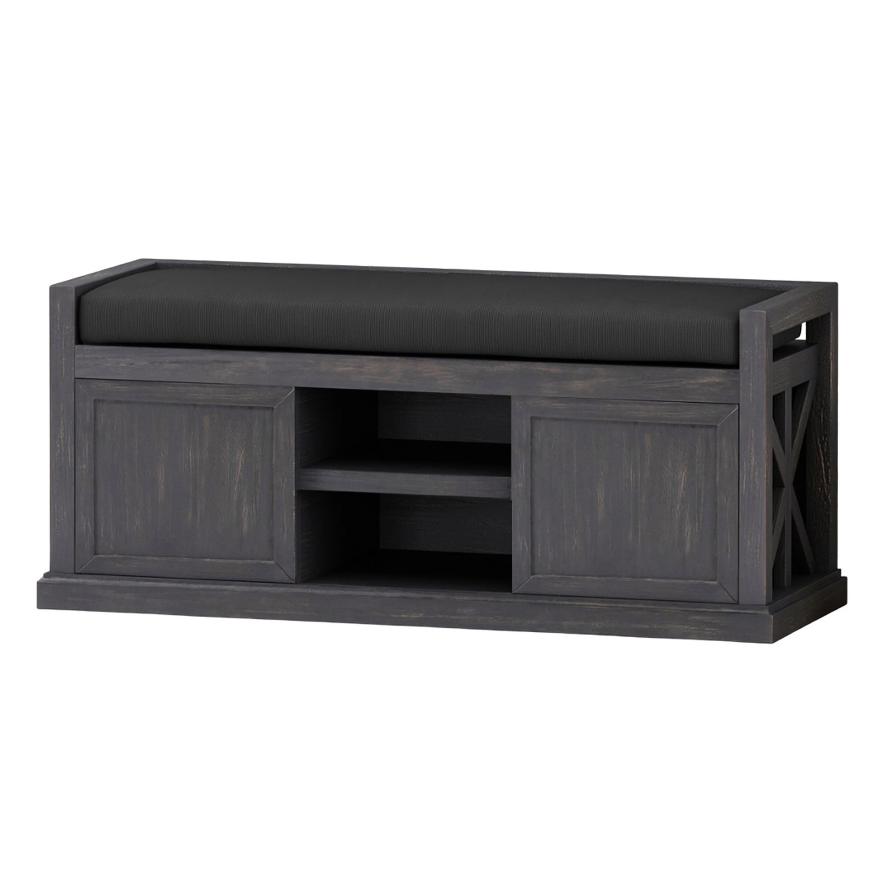 Shoe Bench, 2 Storage Shelves, Black Fabric, 43 Inch Gray Acacia Wood