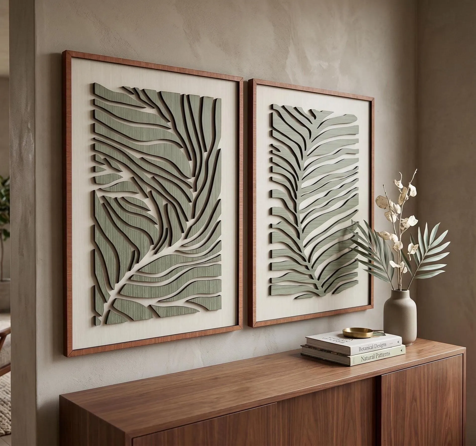 Green Botanical Wood Art - Set of Two Abstract Leaf Wall Decor - Modern Living Room Nature Art - Minimalist Modern Greenery Decor (Set of 2)