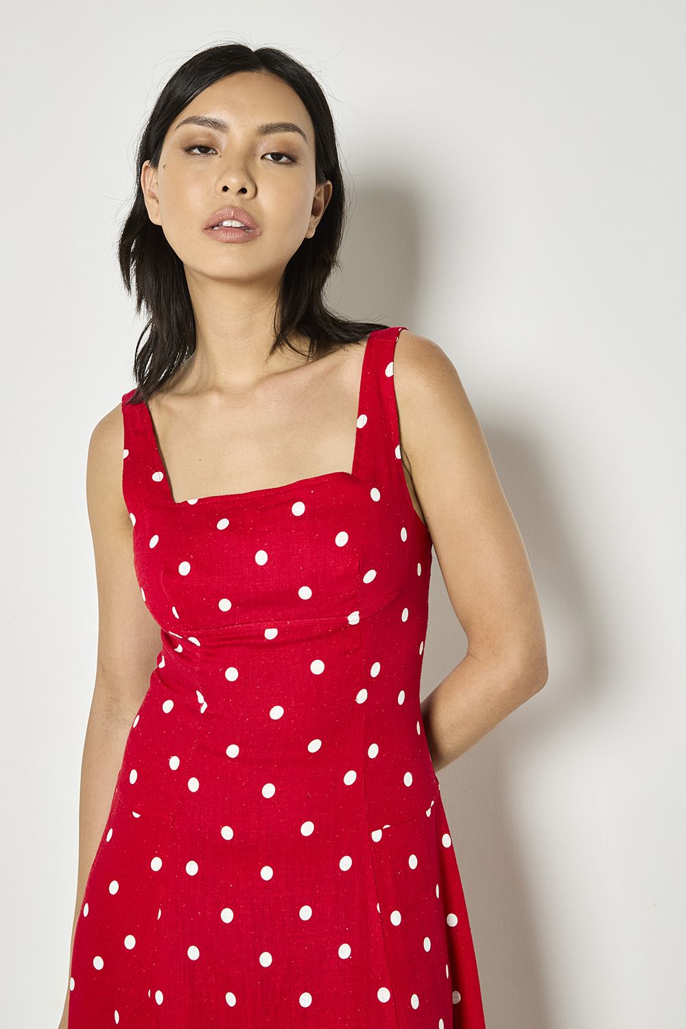 Apricot Linen Blend Polka Dot Midi Dress