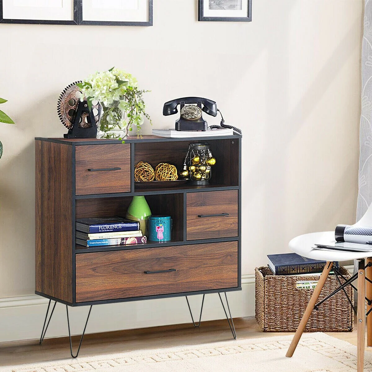 Multipurpose Sideboard Storage Cabinet with Metal Leg & Drawers - 35.5 x 15.5 x 40 (L x W x H)