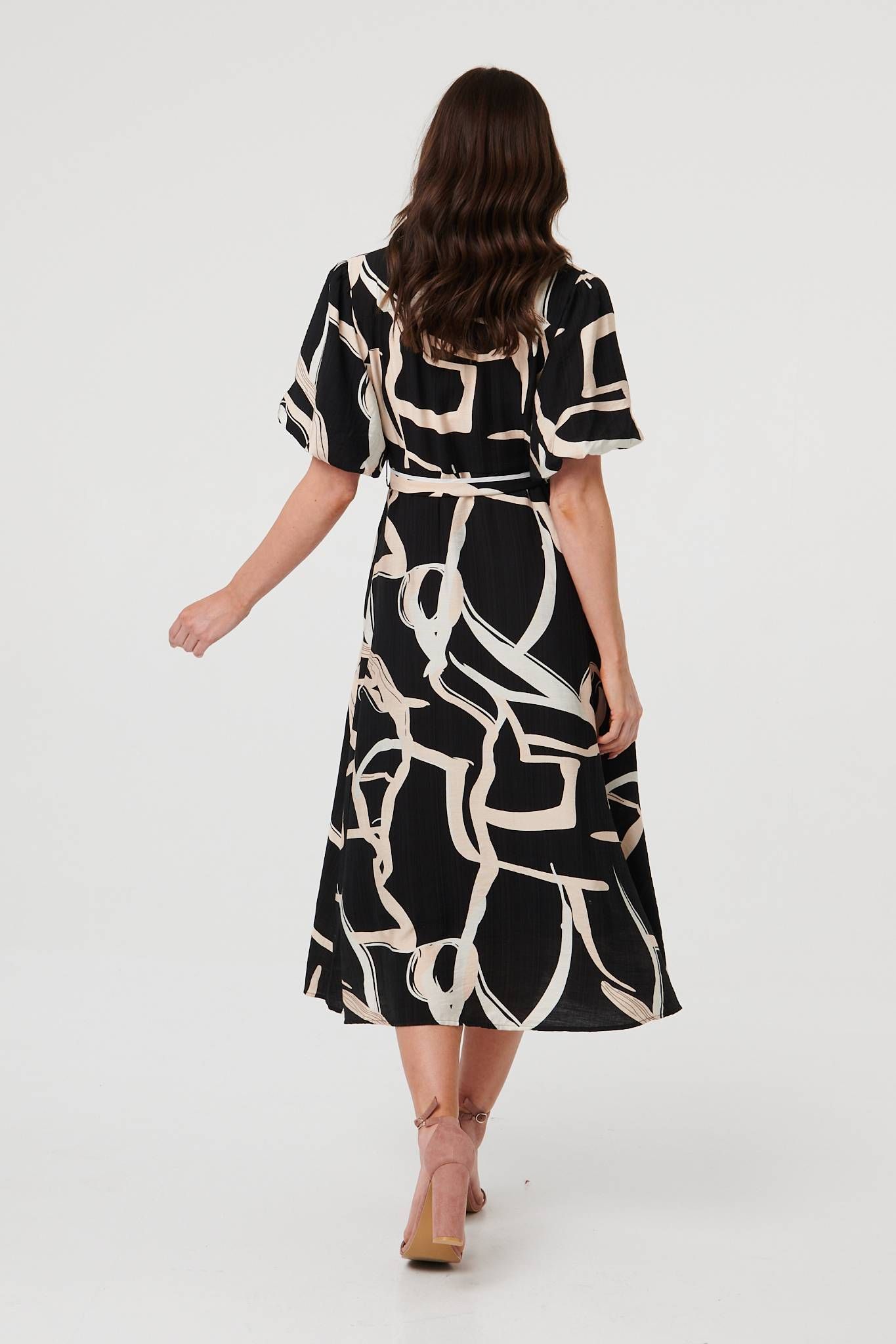 Izabel London Geo Print Puff Sleeve Tie Midi Dress