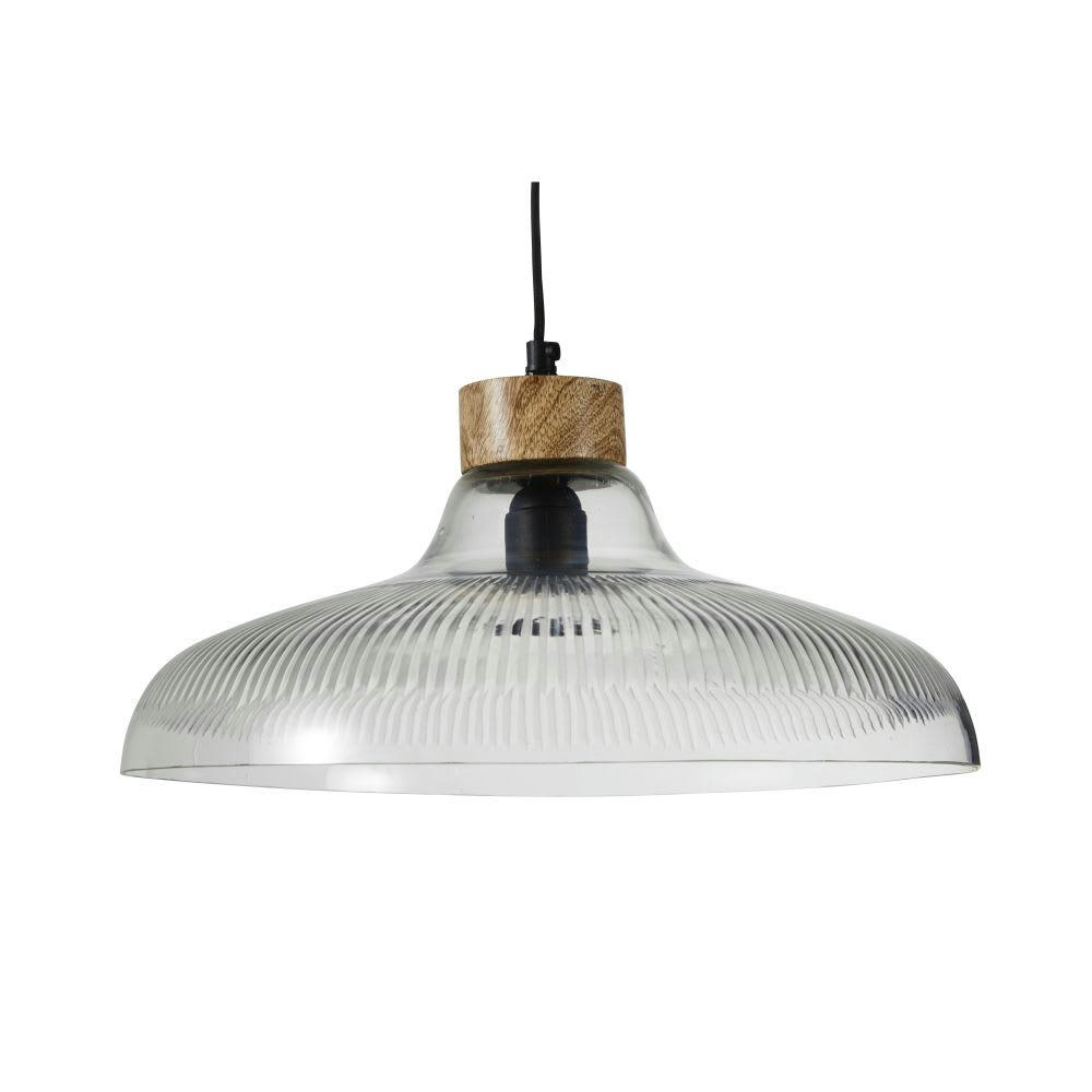 APPOLINE - Suspension industrielle en verre ciselé transparent et manguier