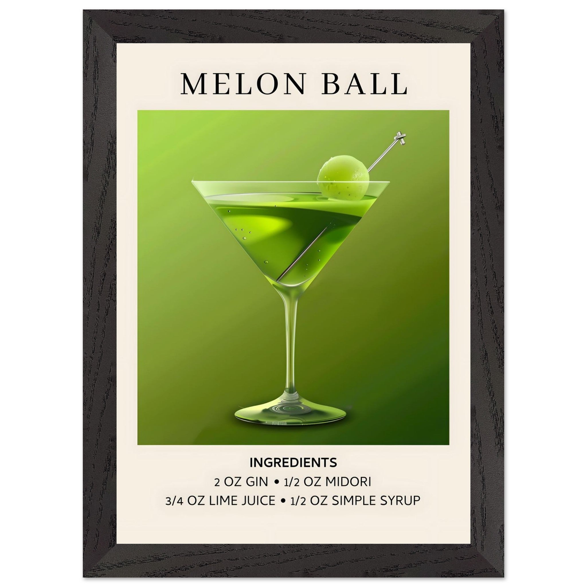 Artfulprints Poster met Lijst Melon Ball cocktail - Ingrediënten  - A4 21x29.7 cm - Groen