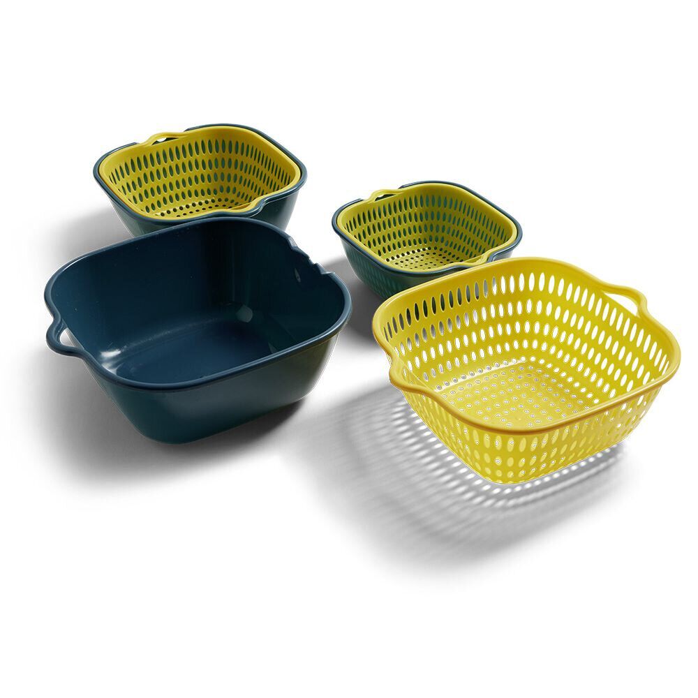 Lot de 3 passoires cuvettes carrées bleues et jaunes