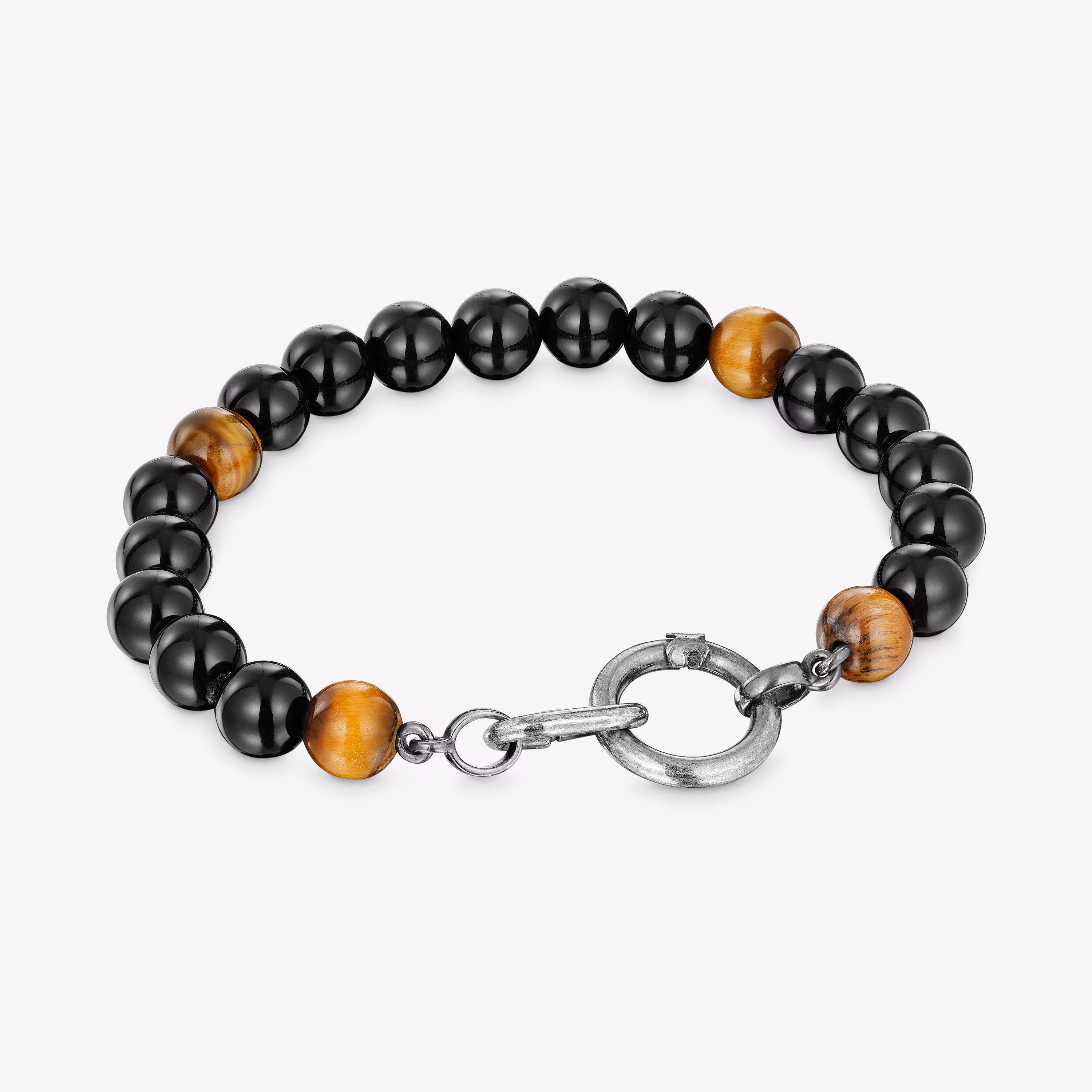 Pulsera de plata envejecida, ónix, ojo de tigre y anillas Hold Man