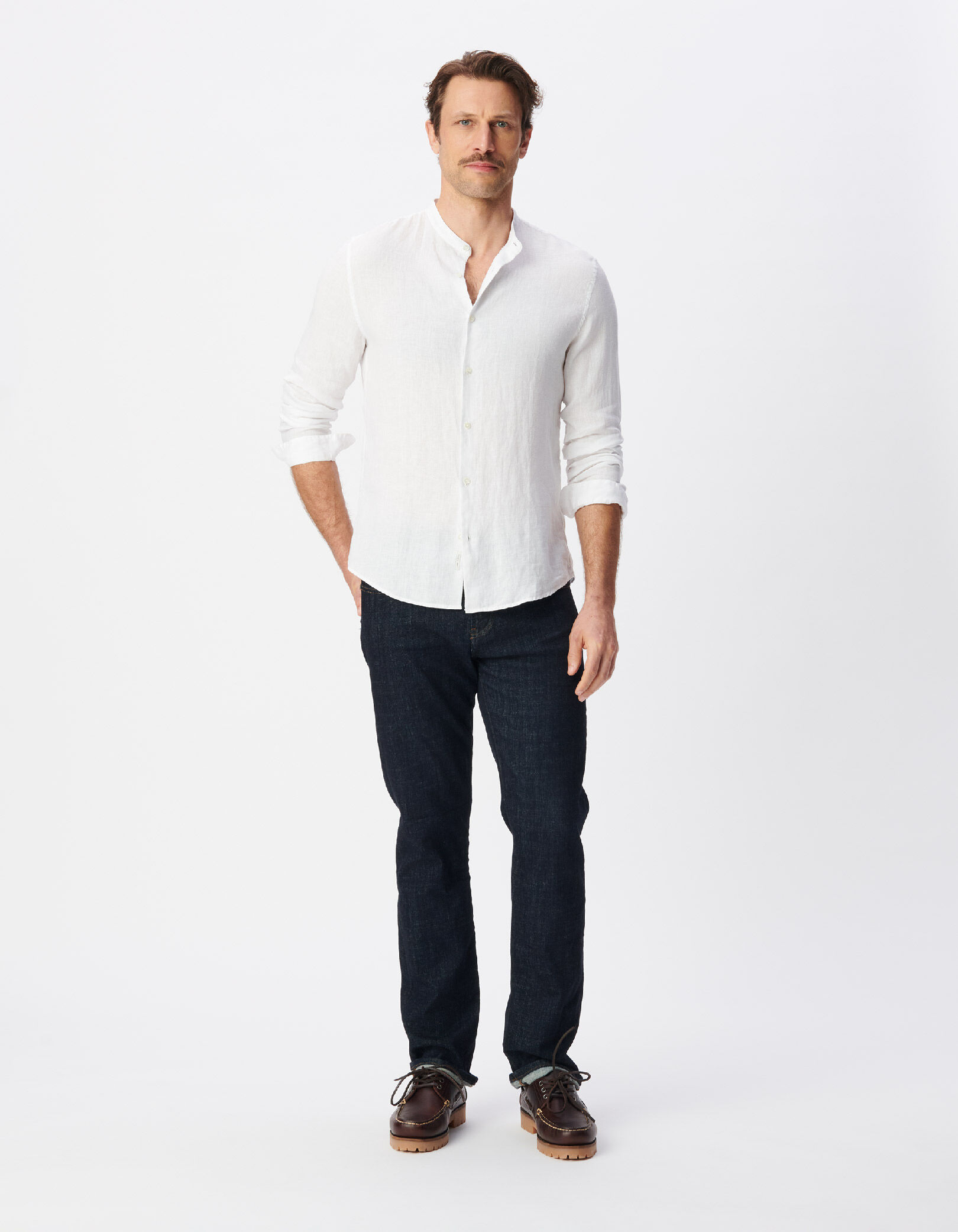 Chemise regular blanche 100% lin col Mao Homme