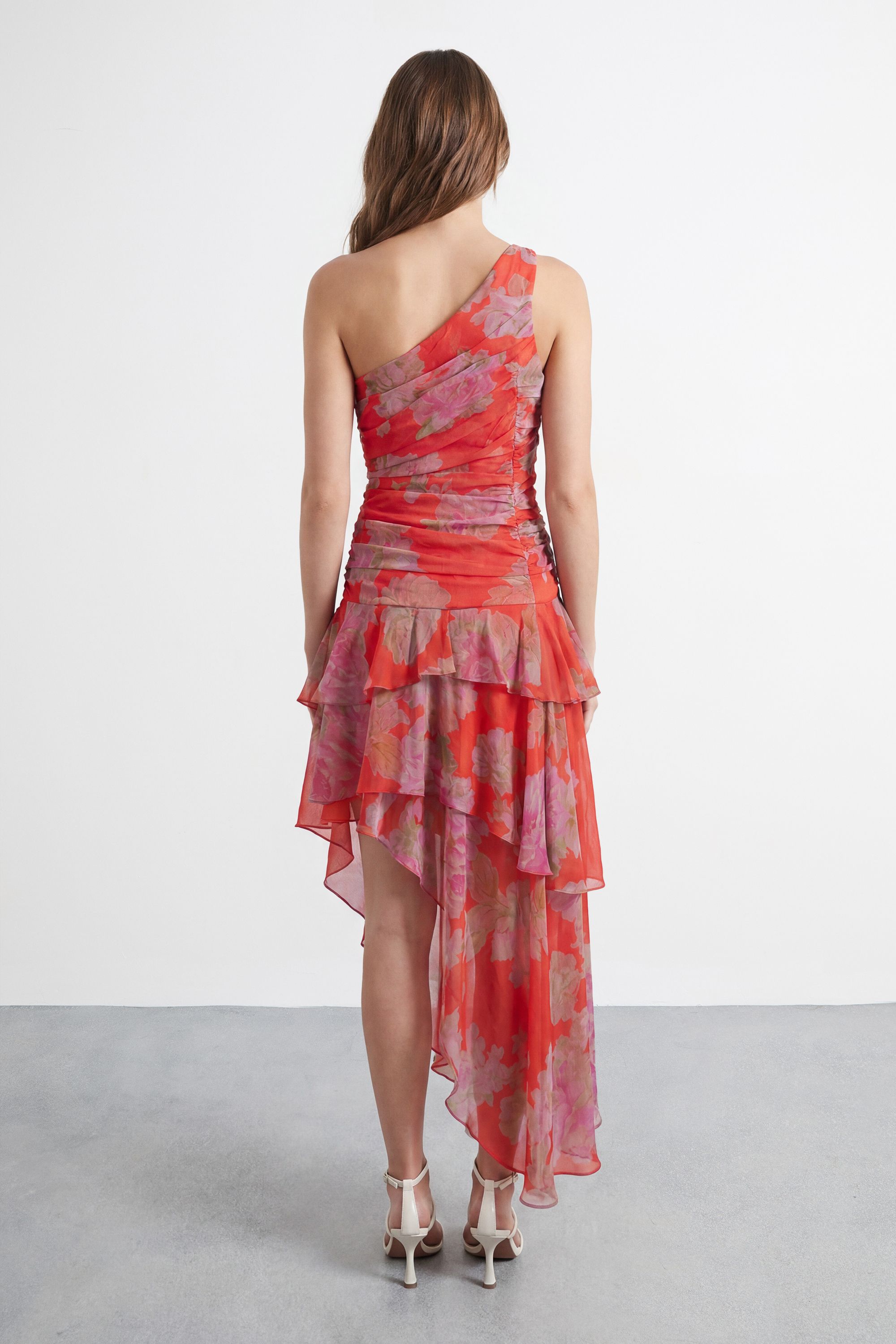 Warehouse Floral Print Halterneck Asymmetric Hem Ruffle Dress