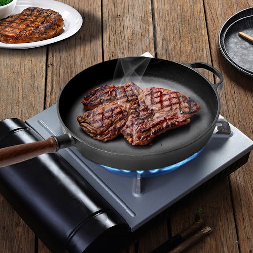 SOGA 29cm Round Cast Iron Frying Pan Skillet Steak Sizzle Platter with Helper Handle