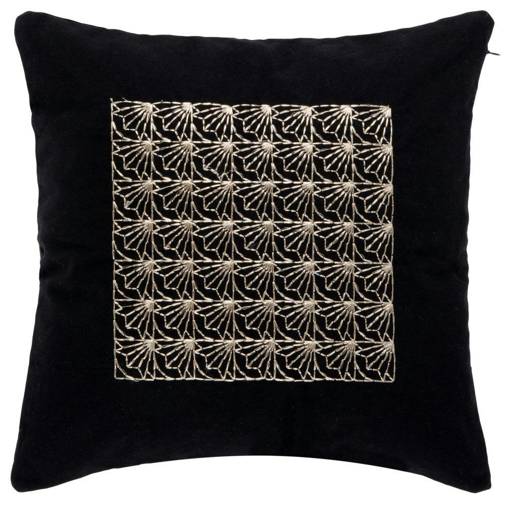 - Housse de coussin en coton blanc motif floral brodé en lurex doré 40x40