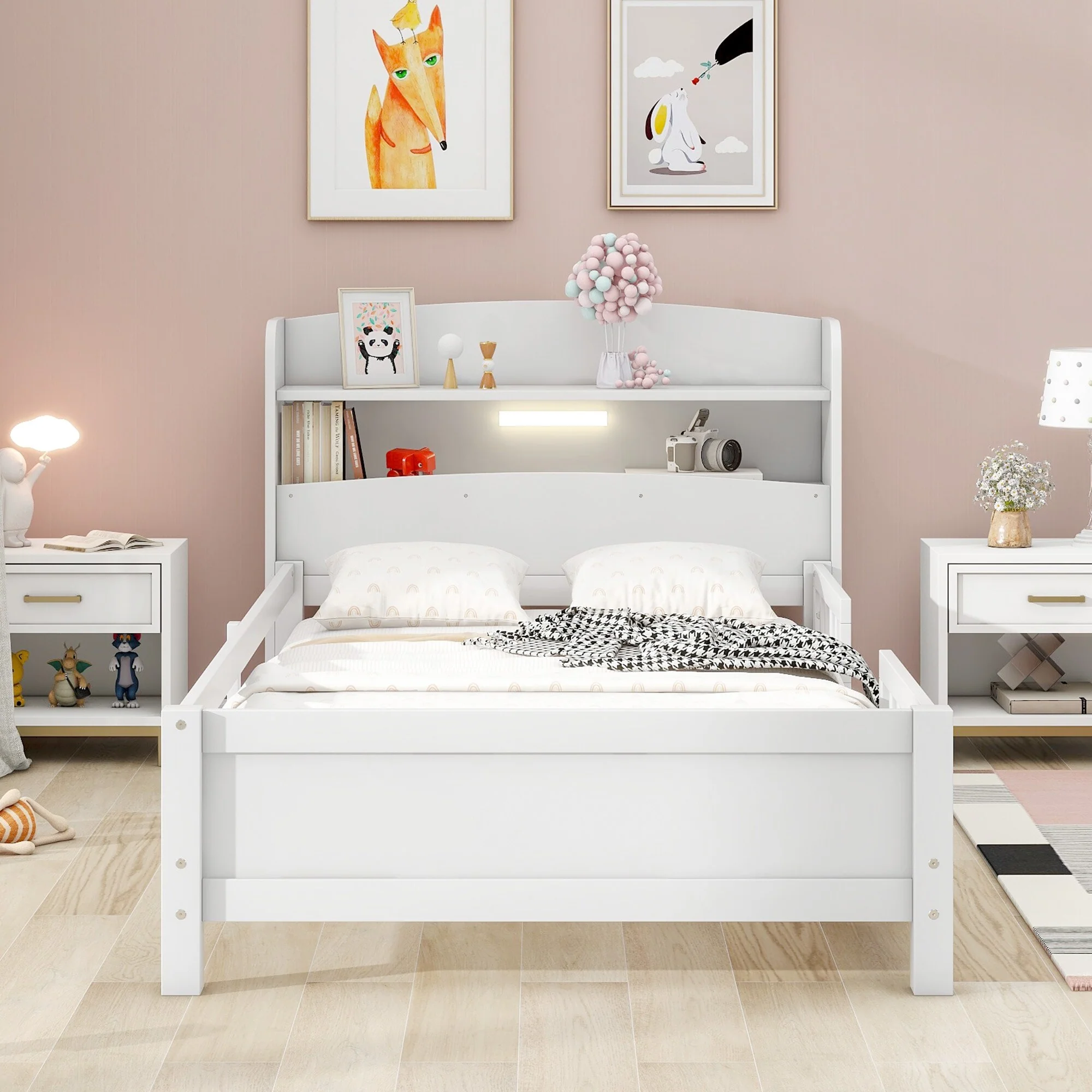 Twin Size Platform Bed with LED Light, Storage Shelves, and Safety Guardrails