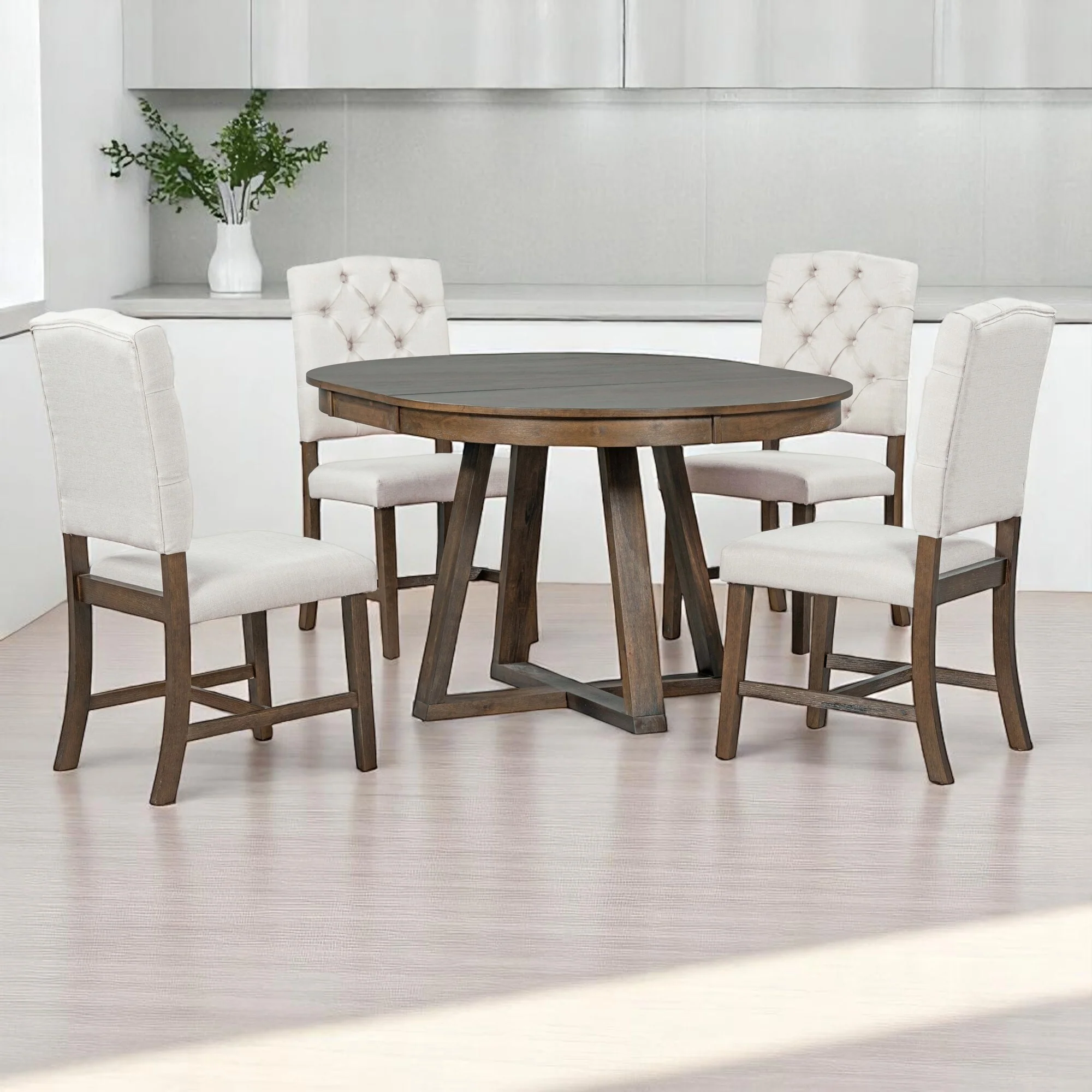 5-Piece Dining Table Set with 4 Upholstered Chairs, 16 Leaf Dining Table, Solid Wood & MDF, for Small Spaces and Dining Rooms