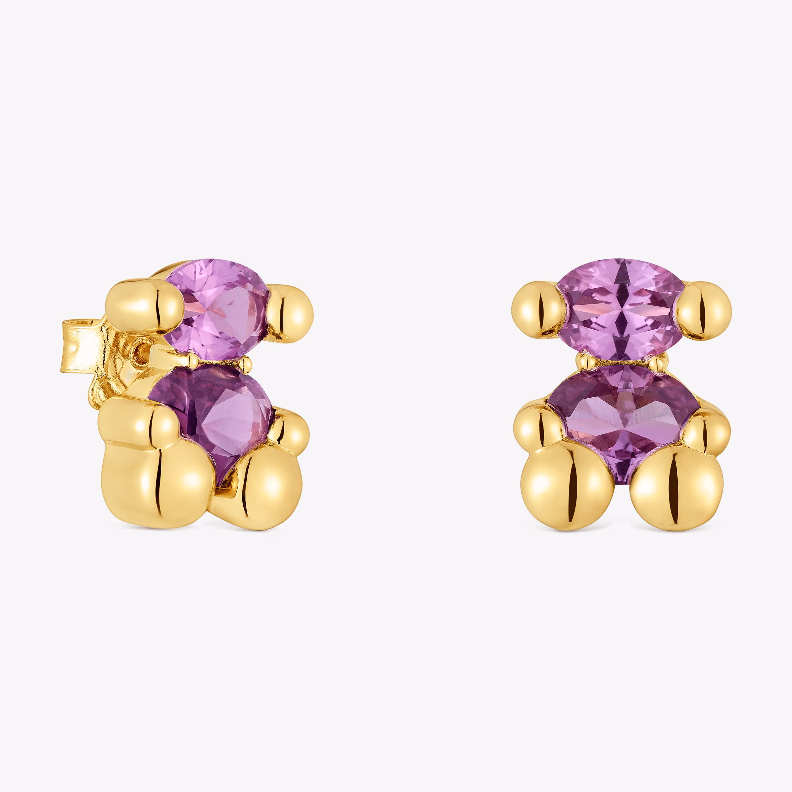 Pendientes motivo oso con baño de oro 18 kt sobre plata y zafiro lila creado en laboratorio 13 mm Color Bear LGG