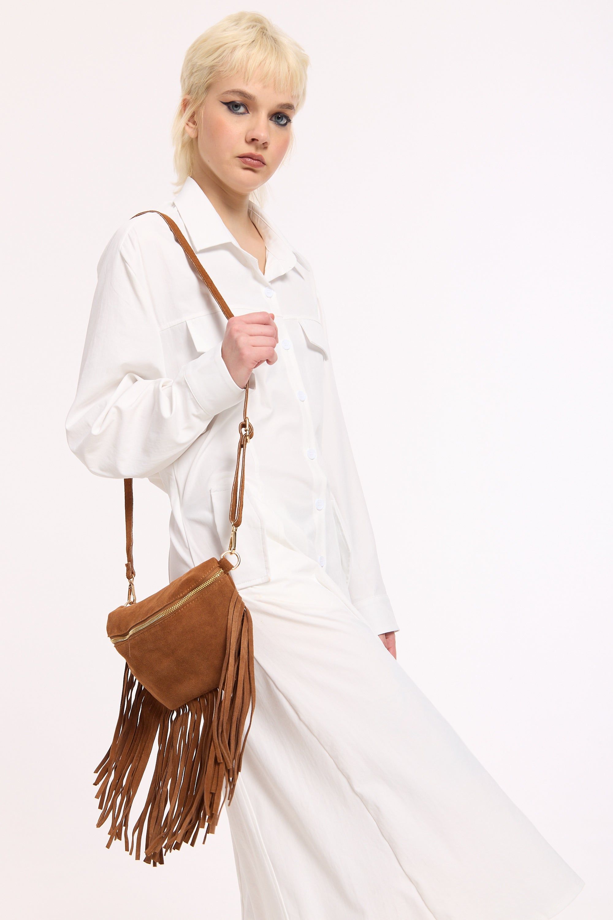 House of Holland Brown Suede Fringe Crossbody Bag