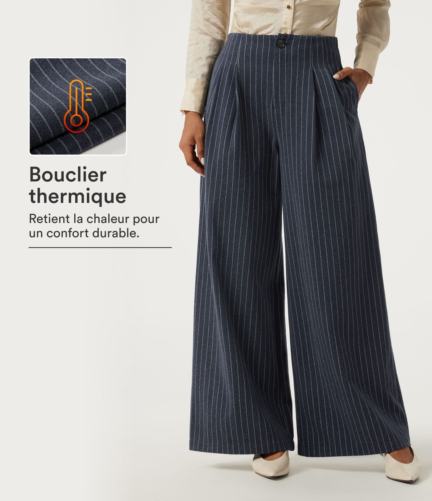 Pantalon de bureau large taille haute rayé doublé polaire avec poches