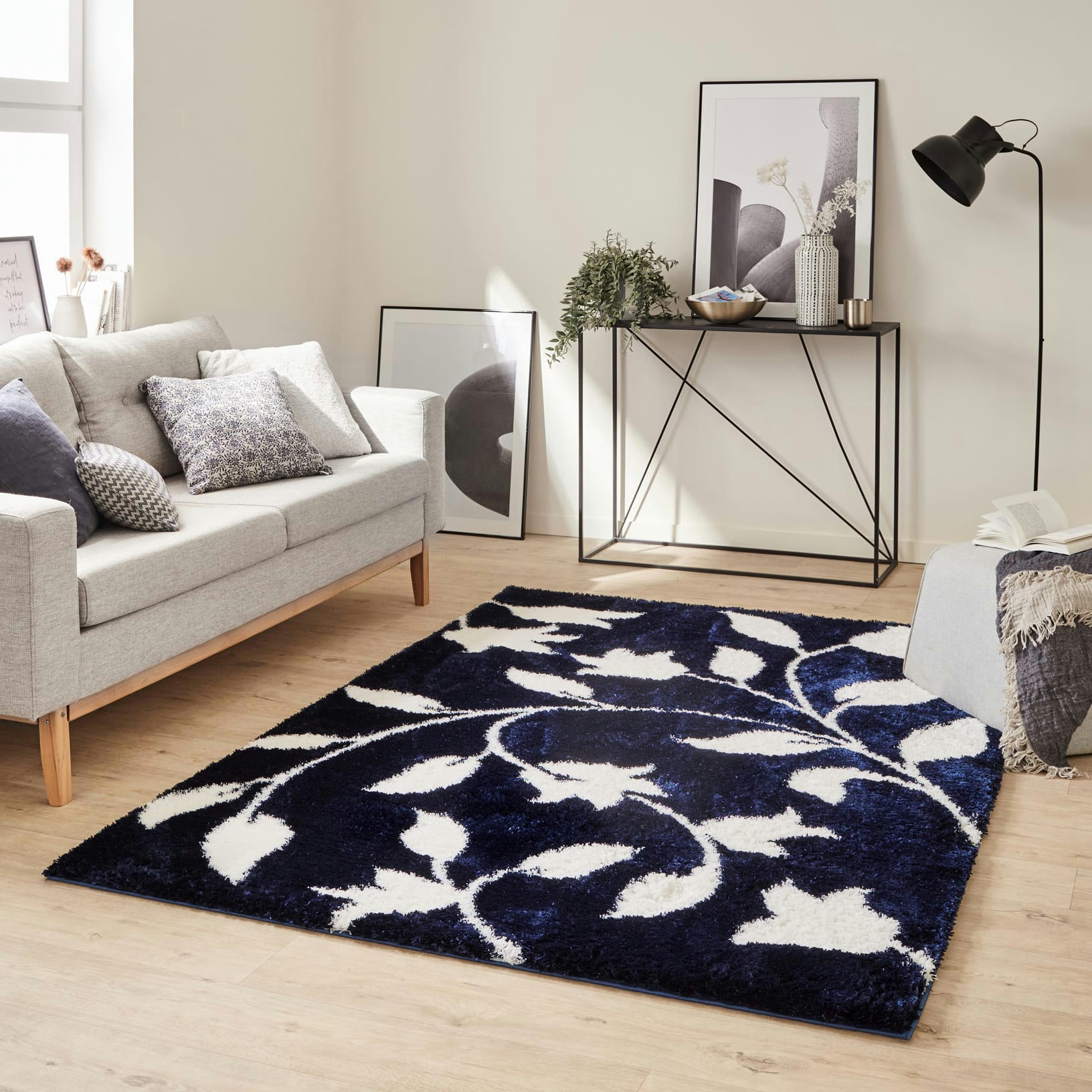 OSLO - Tapis shaggy motif fleur bleu - 120x160 cm