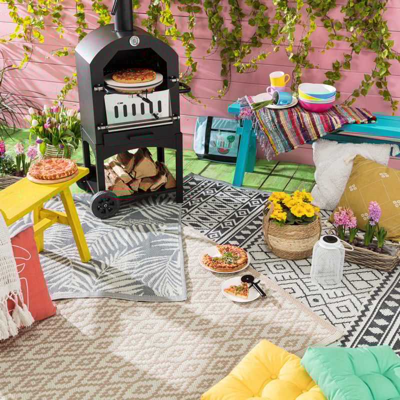 Buitenkleed ethnic - zwart/wit - 120x180 cm