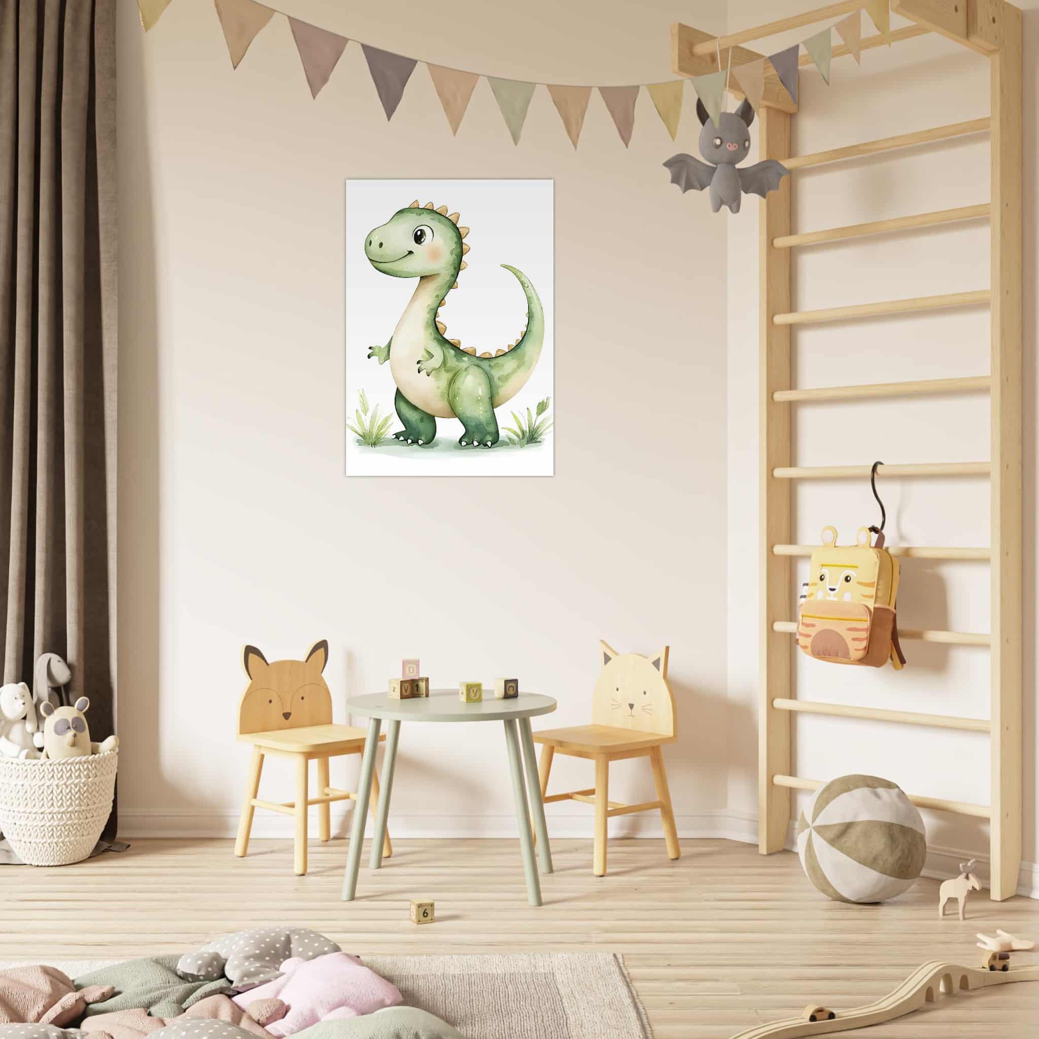 Artfulprints Poster Avontuurlijke dinosaurus  - 70x100 cm - Groen