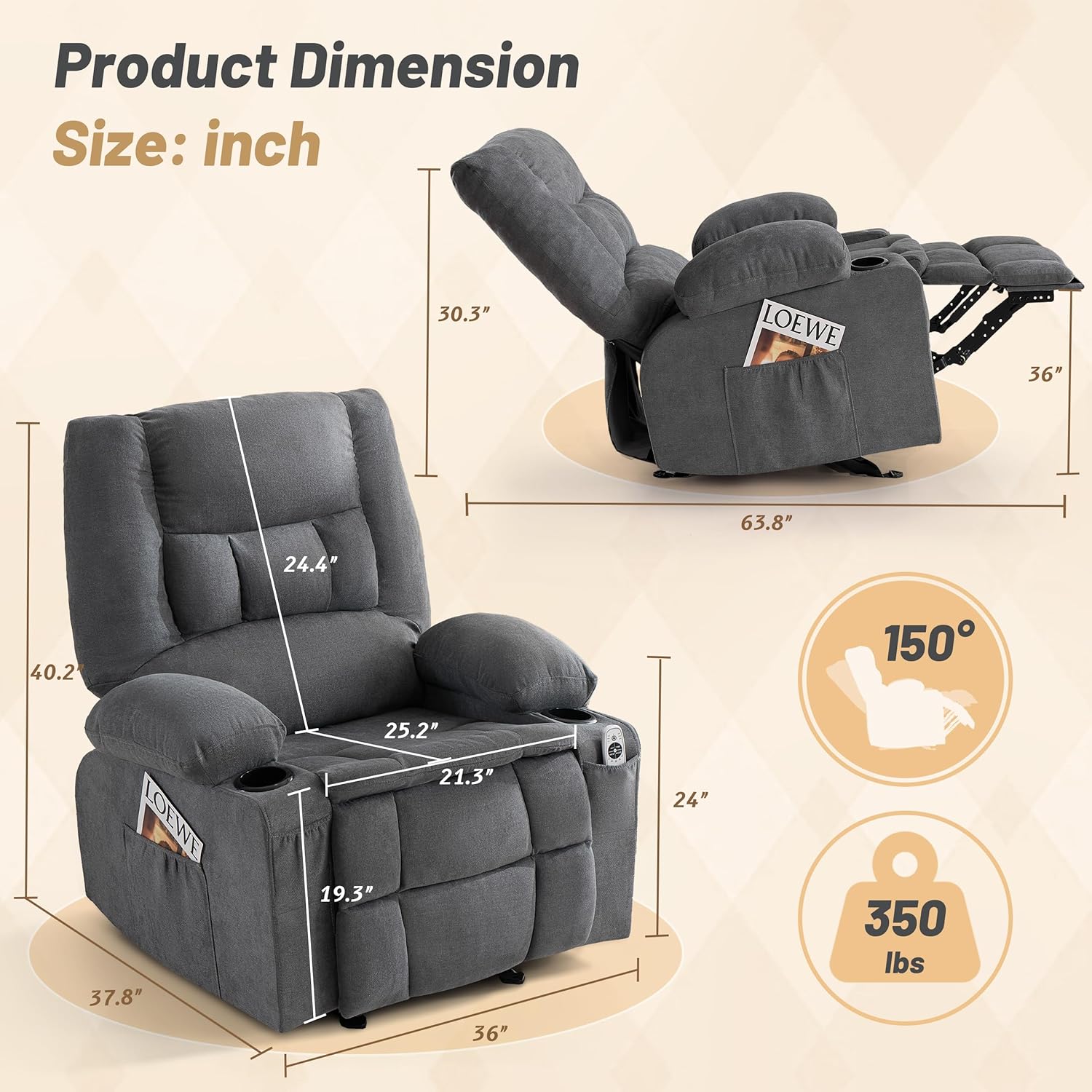 Rocker Recliner Chair with Massage and Heat, Recliner Chair for Adults, Nursery Rocking Chairs for Living Room, Ergonomic Comfy Relining Chair with Cup Holders, USB Charge Port, Side Pockets, Grey