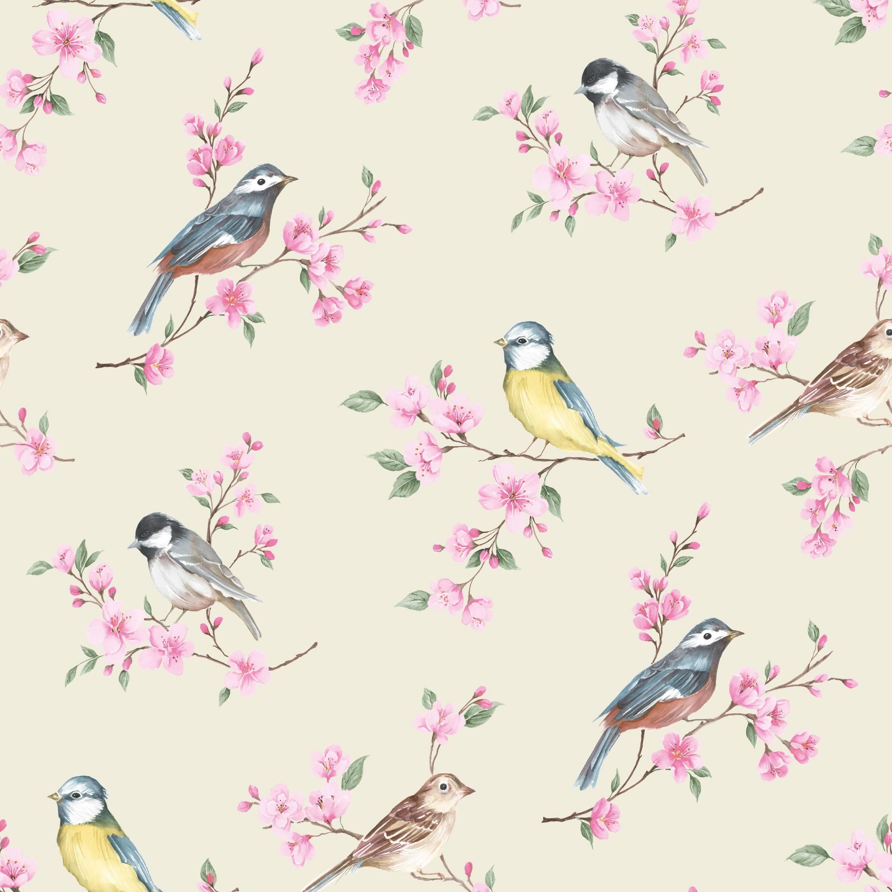 OISEAUX - Papier peint intissé oiseaux sur branches rose taupe 1005x52cm