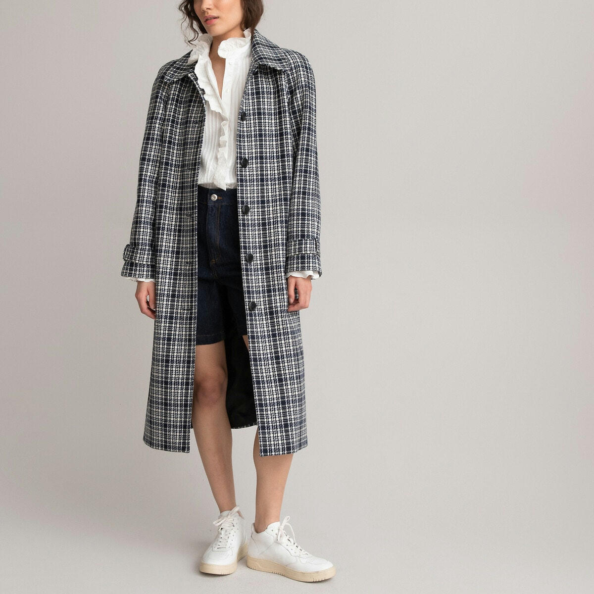 Manteau long droit à carreaux